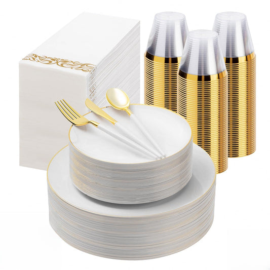 350 Pieces White Gold Plastic Dinnerware Set, Gold Disposable Plates for Party, Graduation, Include 100 White Plates with 150 Plastic Cutlery, 50 Napkins and 50 Cups