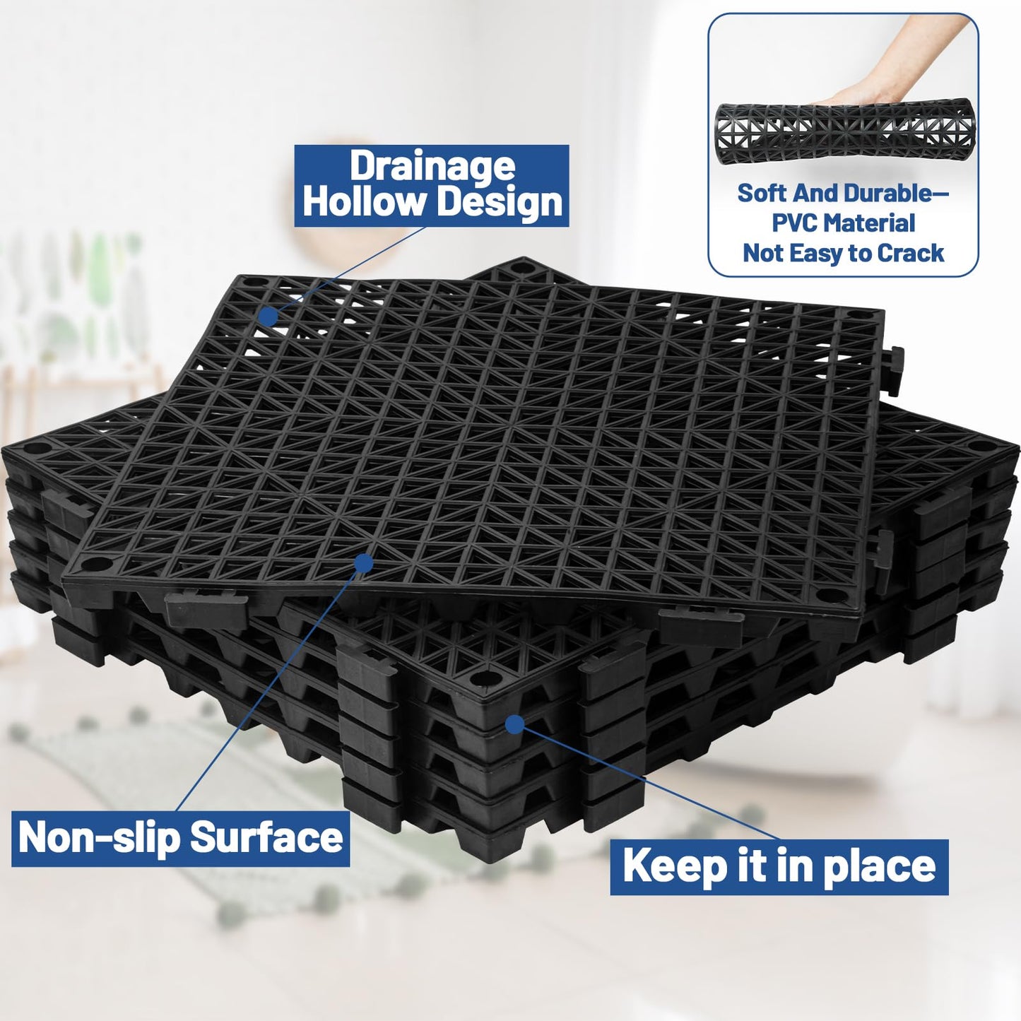 12Pcs Drainage Interlocking Floor Tiles 11.8" x 11.8", Modular Interlocking Cushion Soft PVC Floor Non-Slip Splicing Waterproof Mat for Drain, Pool, Shower, Patio, Balcony, Bathroom, Kitchen, Yard