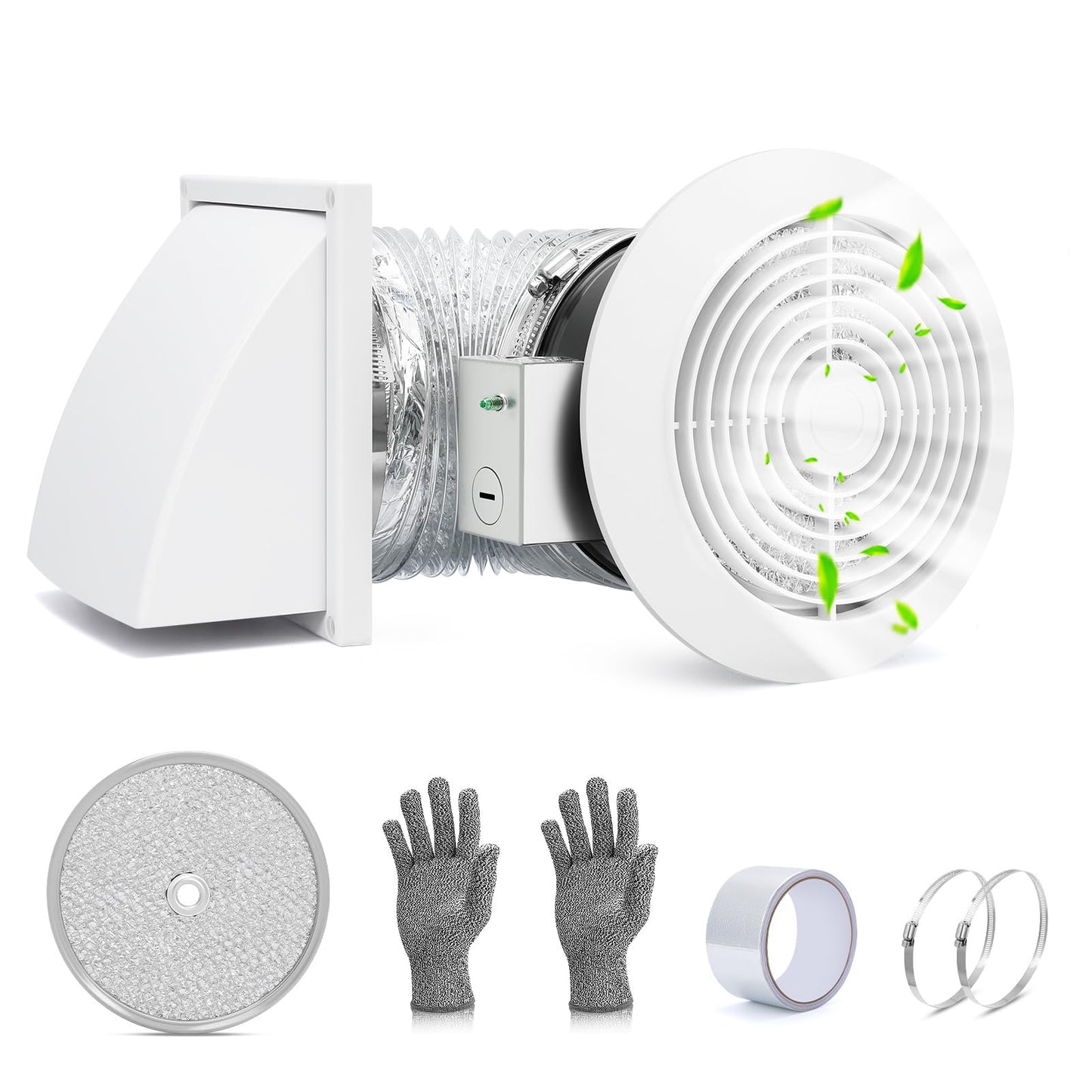512M 6 Inch Through-the-Wall Exhaust Fan with White Grille, 80 CFM, 4.0 Sone, 16-Inch Retractable Duct, Household Ventilation Fan for Attic, Garage, Kitchen and Bathroom Exhaust Fan, Bathroom Vent Fan