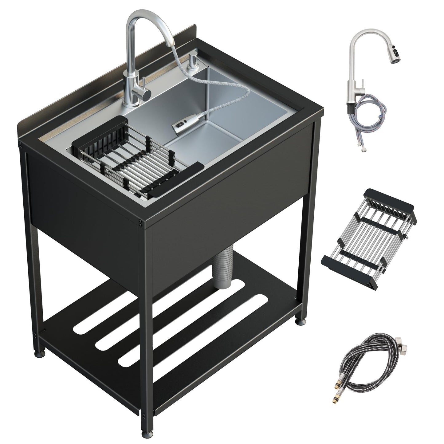 30inch Stainless Steel Utility Sink, Commercial Kitchen Single Bowl Sink with Cold and Hot Water Faucet,Hoses and Drain Kit,Stainless Utility Sink for Kitchens, Bathrooms, Garage, Laundry Room