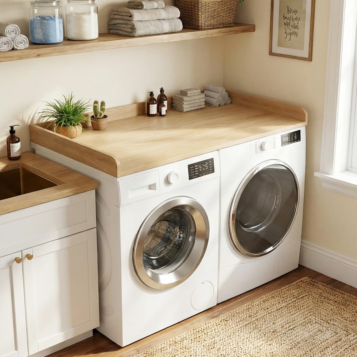 FZGhome Washer Dryer Countertop, 27.5 x 54 Inch Washer and Dryer Countertop for Laundry Room Organization with Edge Wooden, Oak