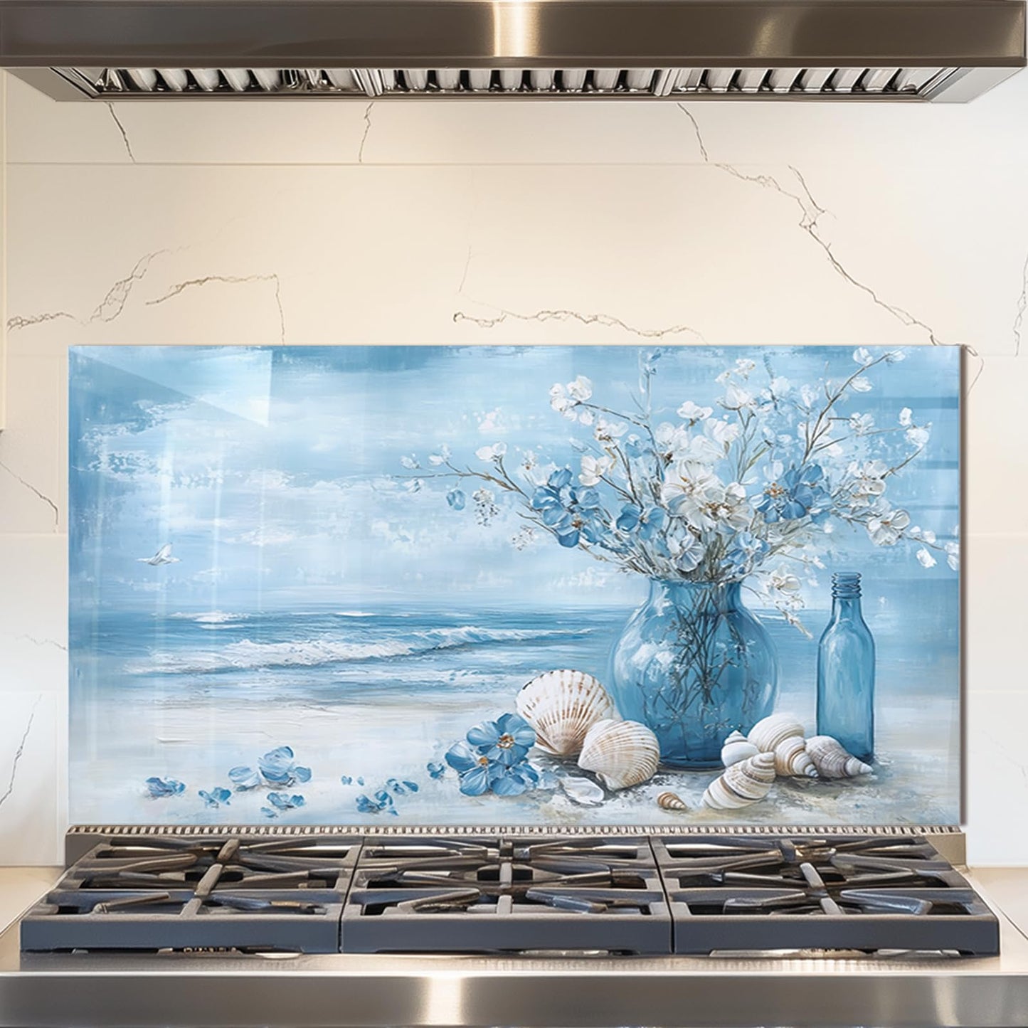 Tempered Glass Backsplash for Kitchen,Stove Splashback Protector Blue Sea Design | Heat-Resistant Splash Board, Kitchen Wall Decoration (30"x16"(76.2x40.64cm))