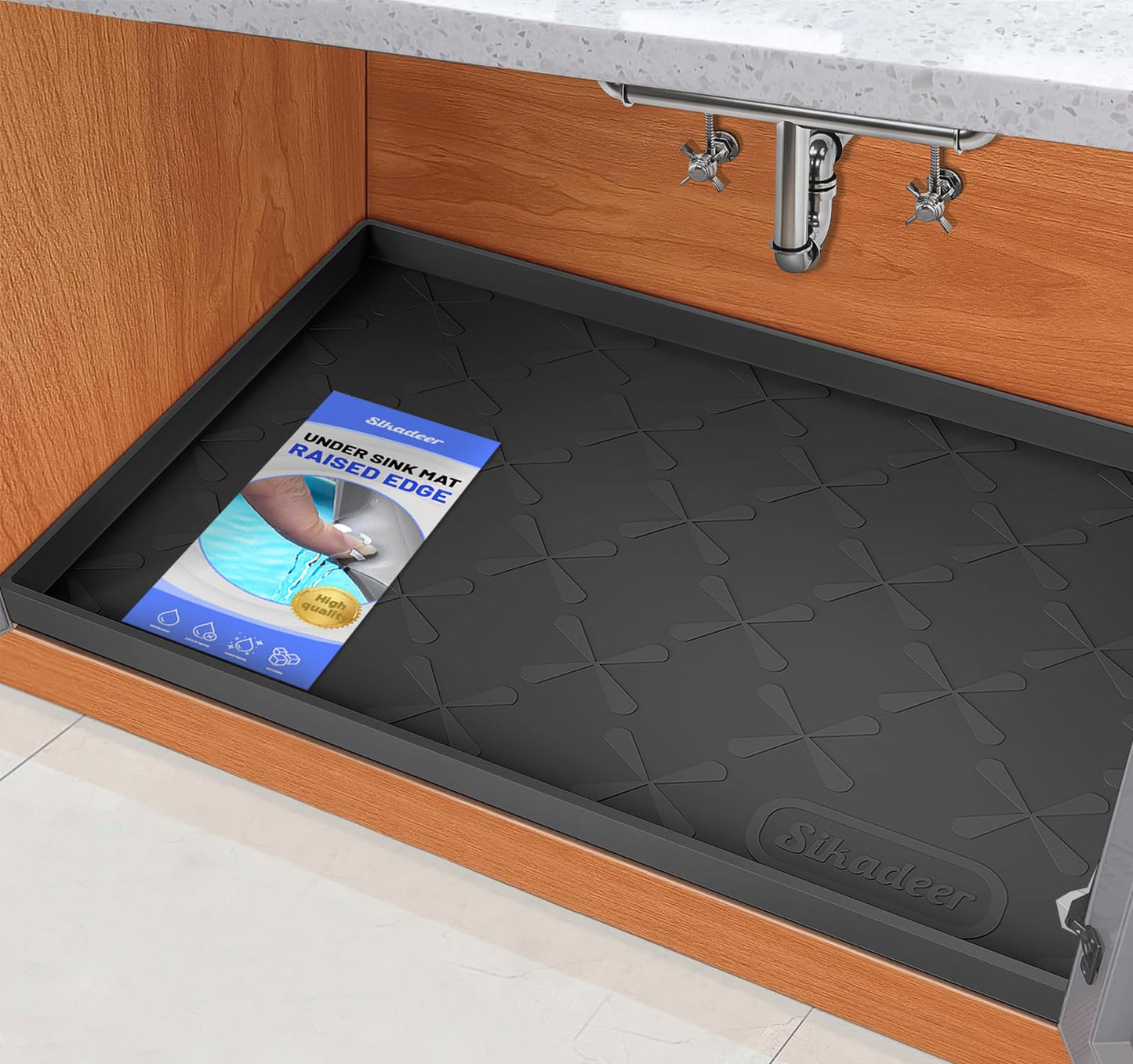 SIKADEER Waterproof Under Sink Mat 22x19, Raised Edge Silicone Mat Under Sink Shelf Liner, Sink Protector Kitchen Cabinet Tray for Bathroom Vanity and Small Cabinets, Cat Food Mat