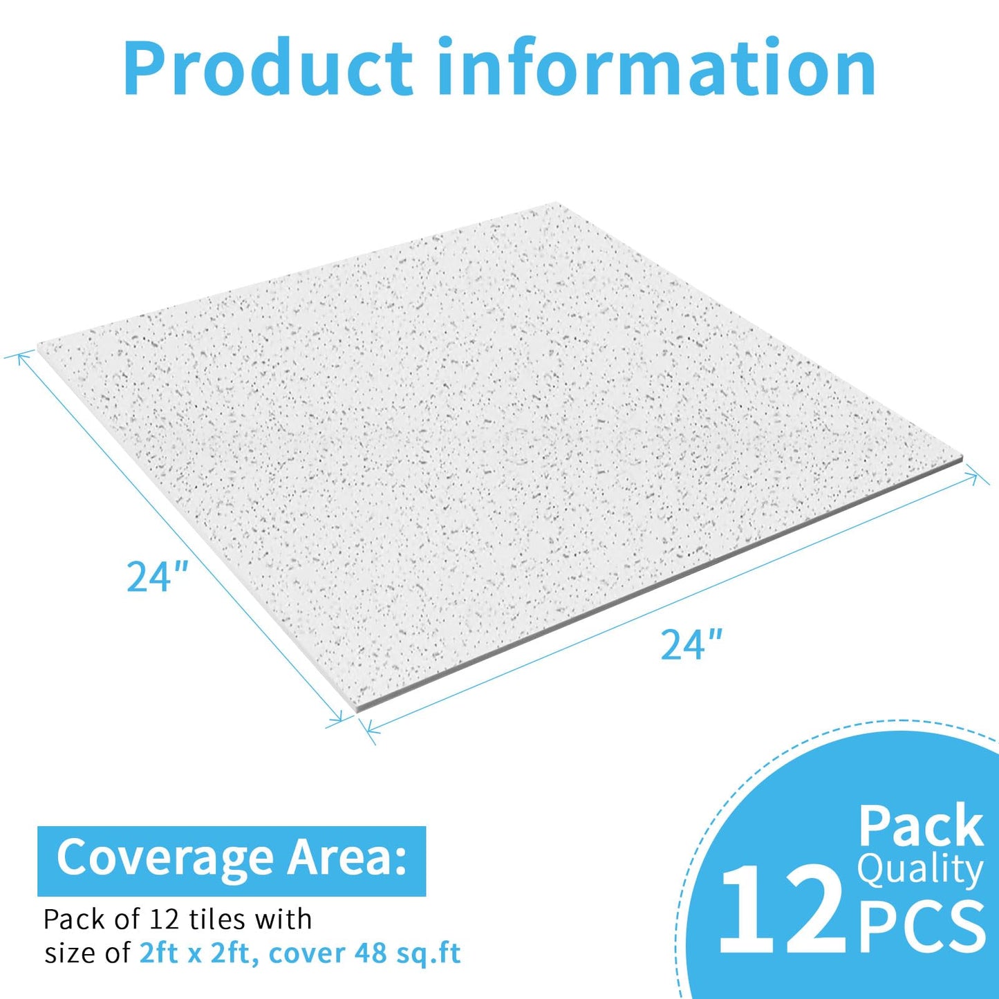 Art3d Pro Drop Ceiling Tiles 2ft x 2ft, 12-Pack Waterproof Polyester Ceiling Panels for Office Basement Kitchen Recording Room, Reusable,Covers 48 Sq.Ft, White Stucco Printing