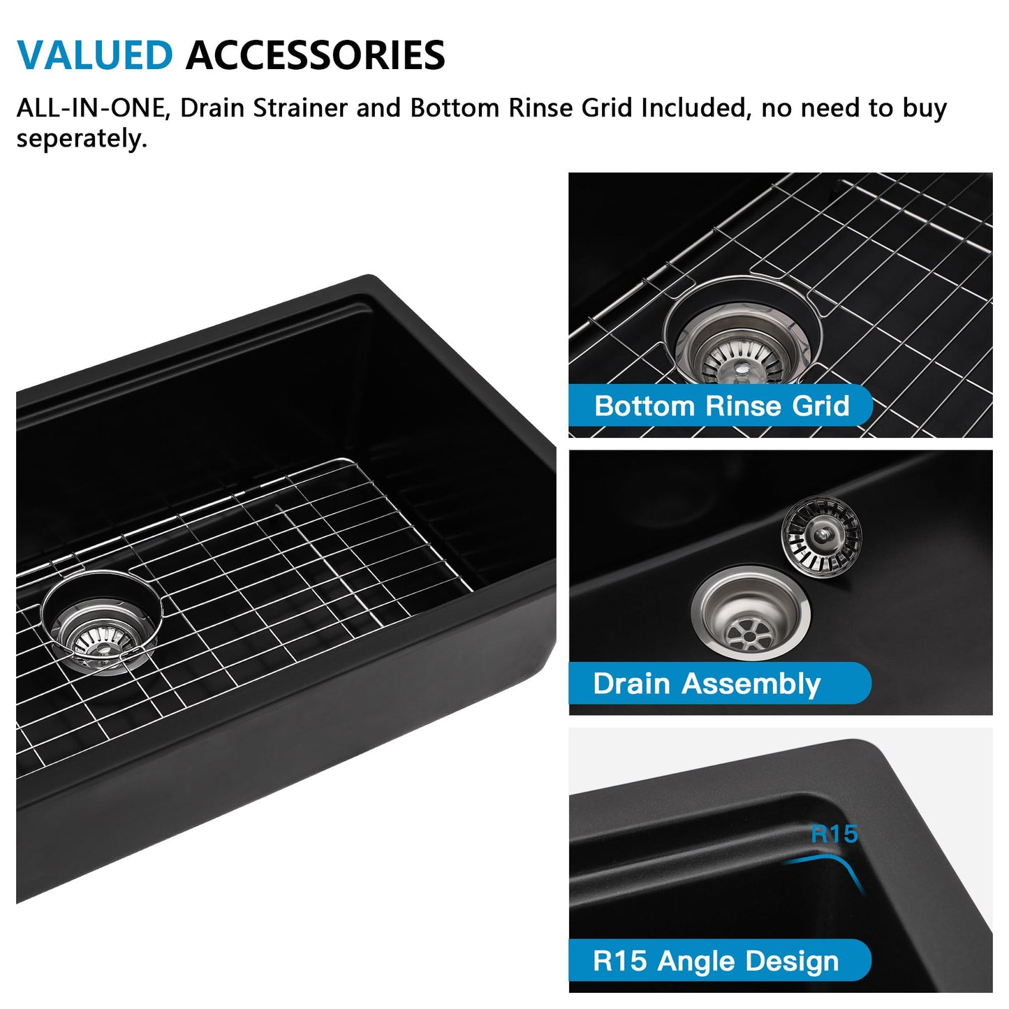Fulorni 32"x19" Granite Composite Kitchen Sink - Undermount Matte Black Ledge Workstation Quartz Classic Under Counter Single Bowl Sink Basin