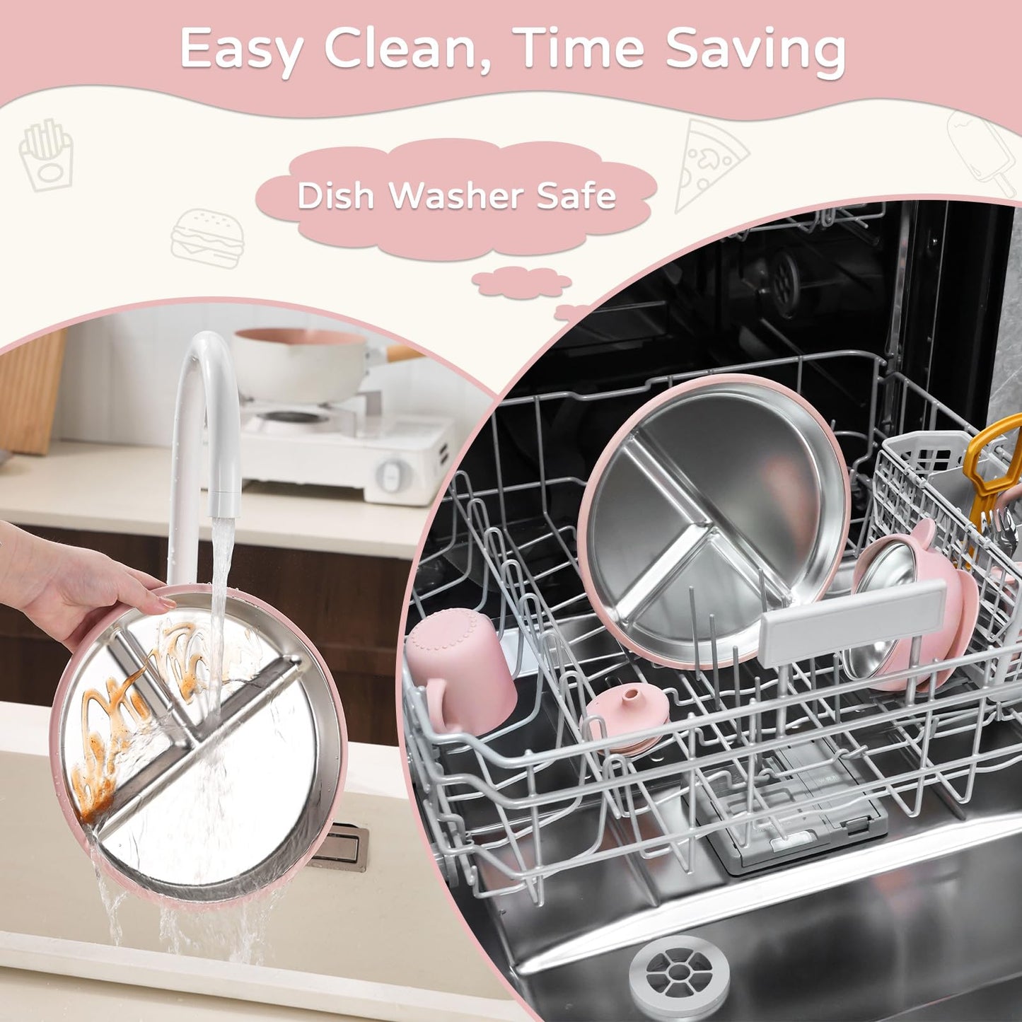 Toddler Plates and Bowls Set Stainless Steel - Bathchef Baby Feeding Set Strong Suction, BPA Free Durable Divided Plates, Safe Self Baby Feeding Utensils,Cup,Spoon,Fork,Dishwasher Safe,6pcs,Pink