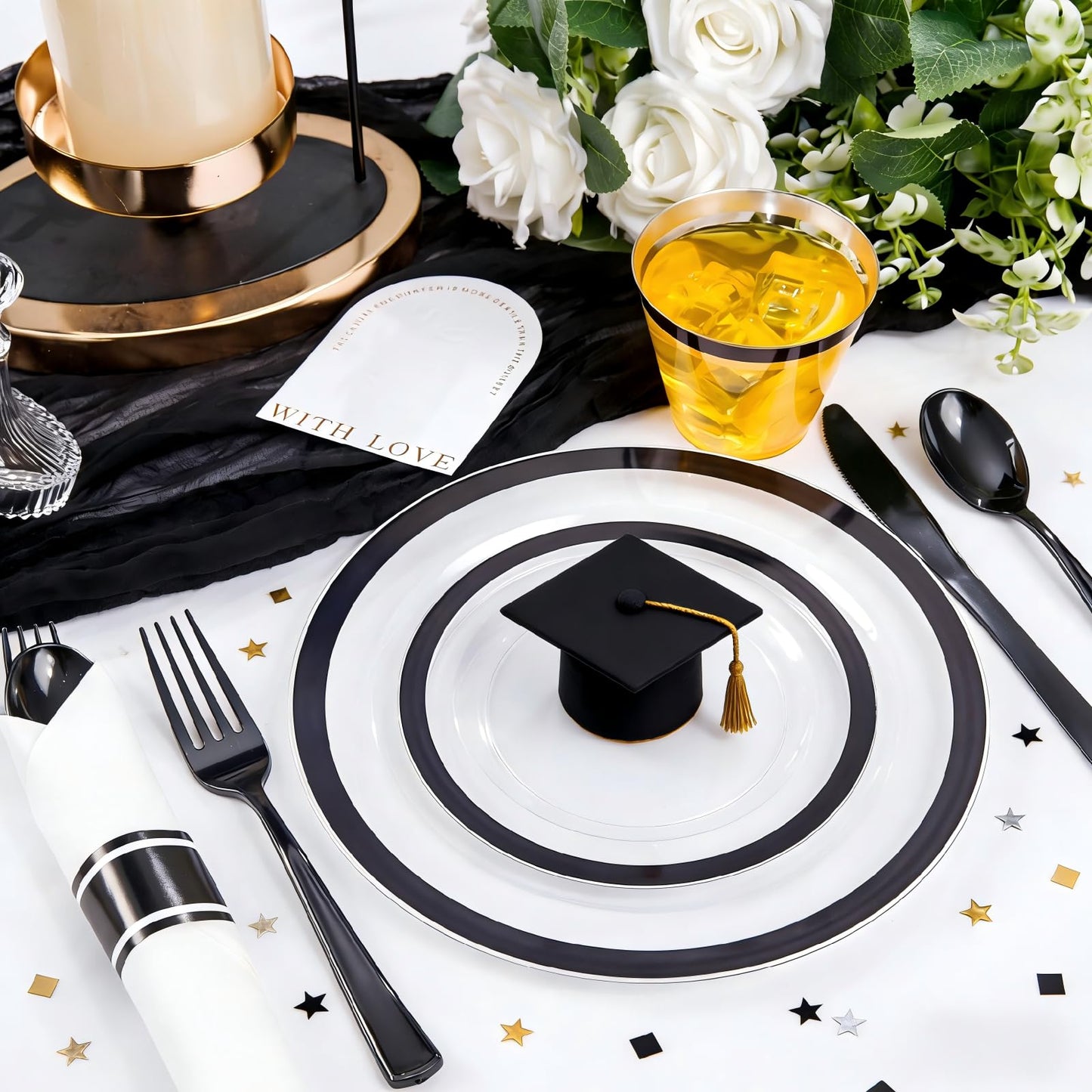 Liacere 350PCS - Clear Plates with Black Rim for 50Guests Dinnerware Include 100 Clear Plates disposable 150 Black Silverware 50 Napkins for Party & Graduation