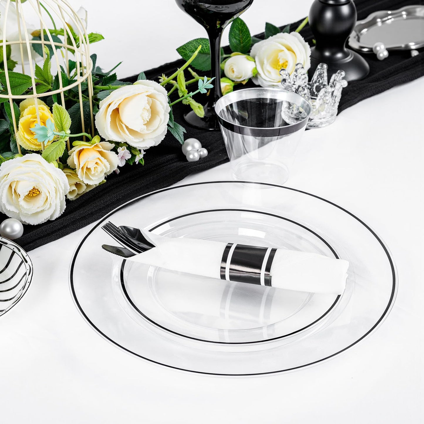 SUT 350 Pcs Black and Clear Plastic Dinnerware Set for 50 Guests, Include: 50 Dinner Plates, 50 Dessert Plates, 50 Pre Rolled Napkins With Silverware, 50 Cups, Disposable Plates for Party