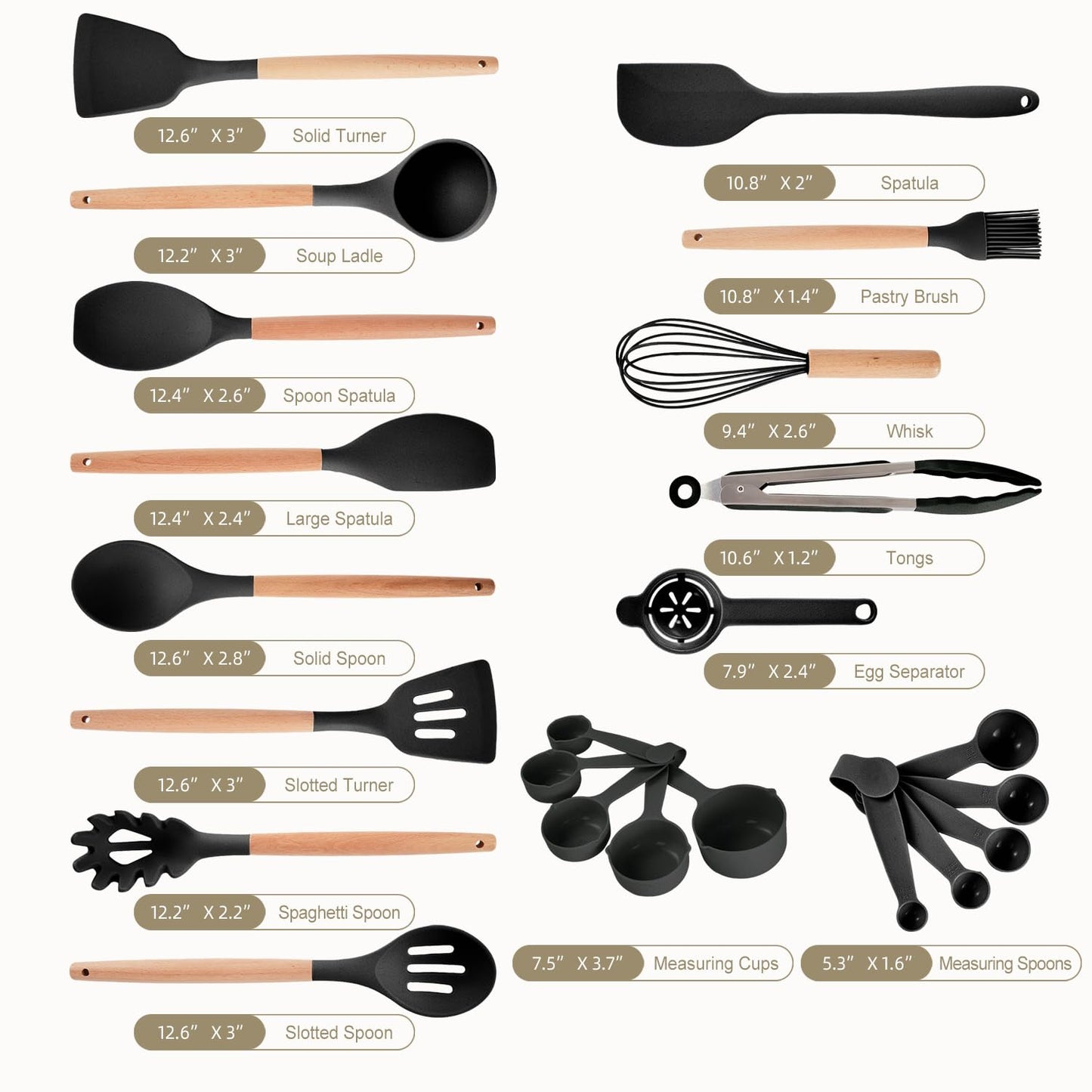 Gaixvny Kitchen Utensils Set - 34 PCS Non-Stick Silicone Cooking Utensils Set Spatula Set with Holder, Wooden Handle Spoon,Brush,Whisk Kitchen Gadgets Tools Set for Nonstick Cookware (Black-34P)