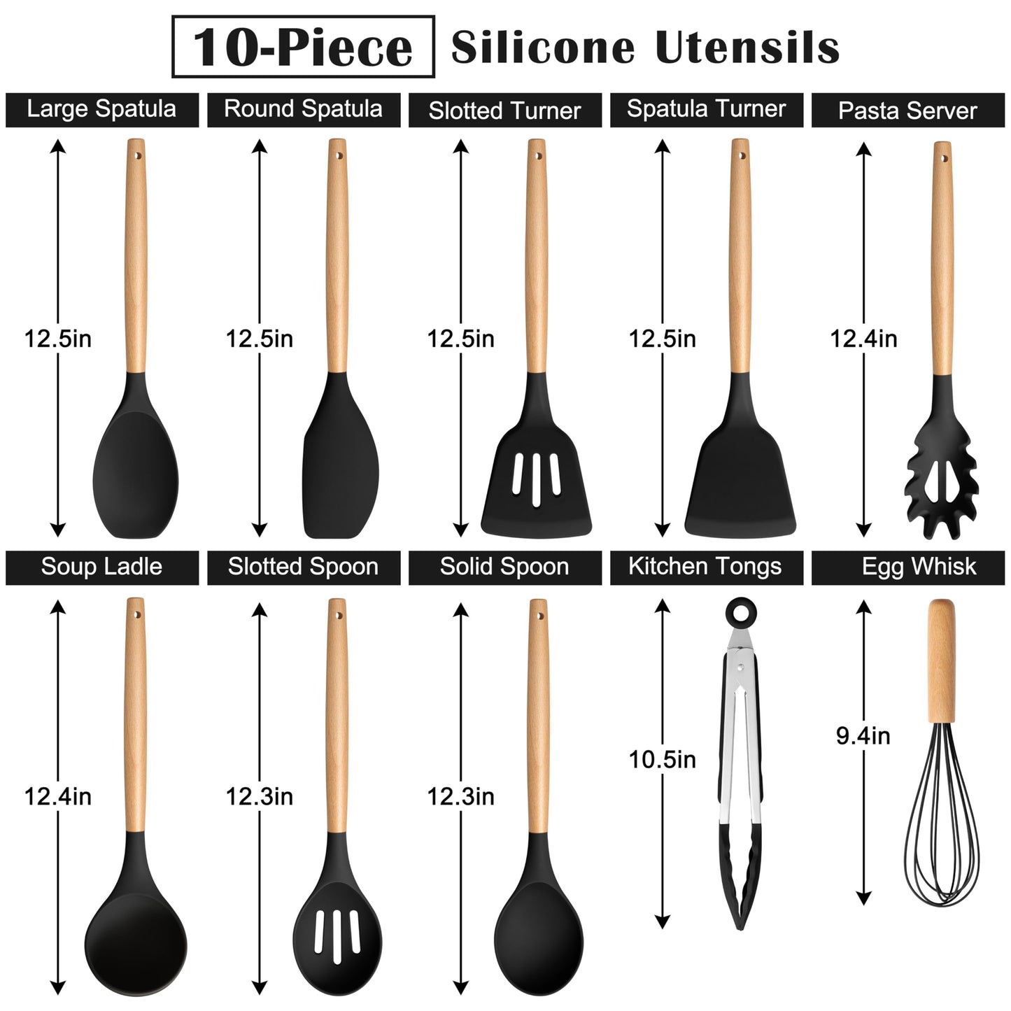 E-far Silicone Cooking Utensils Set, 10-Piece Black Kitchen Utensils Set with Wooden Handle for Nonstick Cookware, Heat Resistant Kitchen Nonstick Tools Spatula Whisk Tongs Ladle, Non-toxic & Healthy