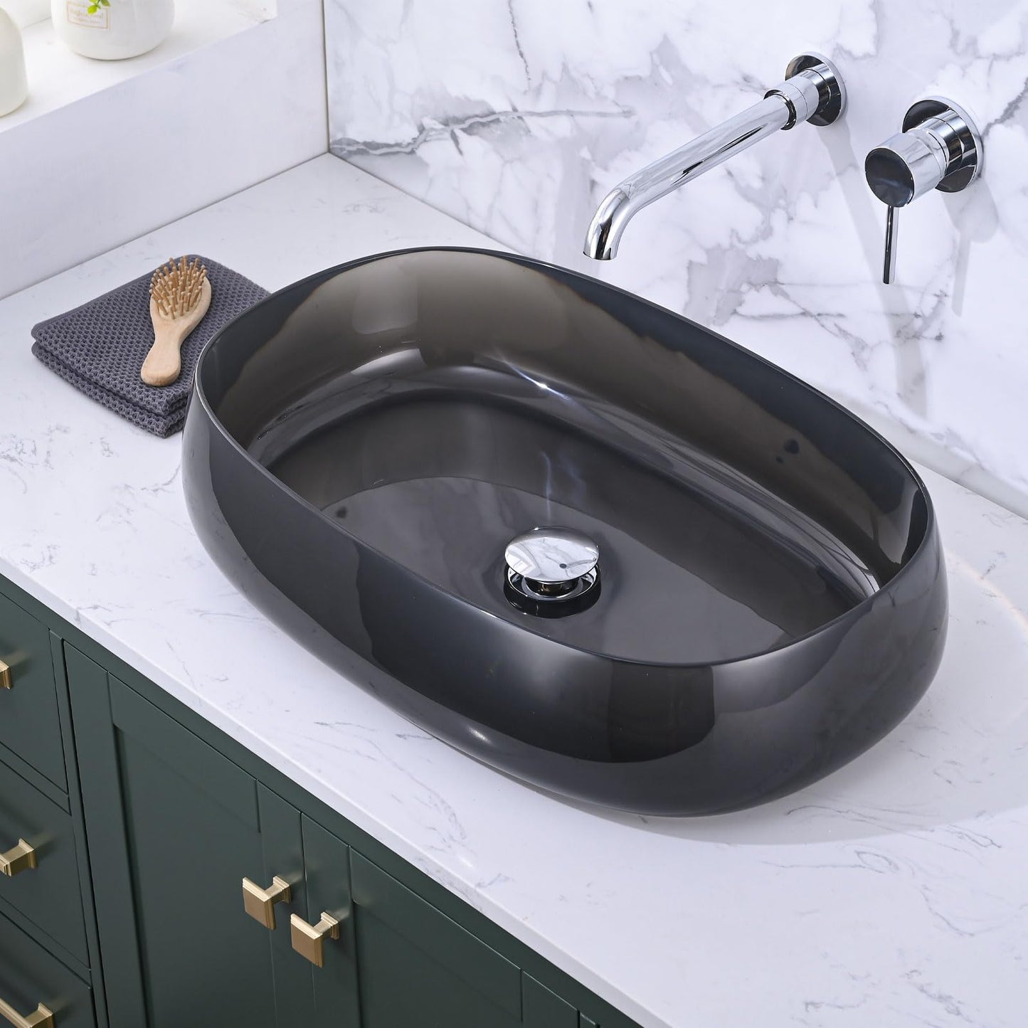 EQLOO Bathroom Vessel Sink, 23" x 15" Oval Sink, Grey Translucent Resin Vessel Sink with Pop Up Drain, Above Counter Bathroom Sink