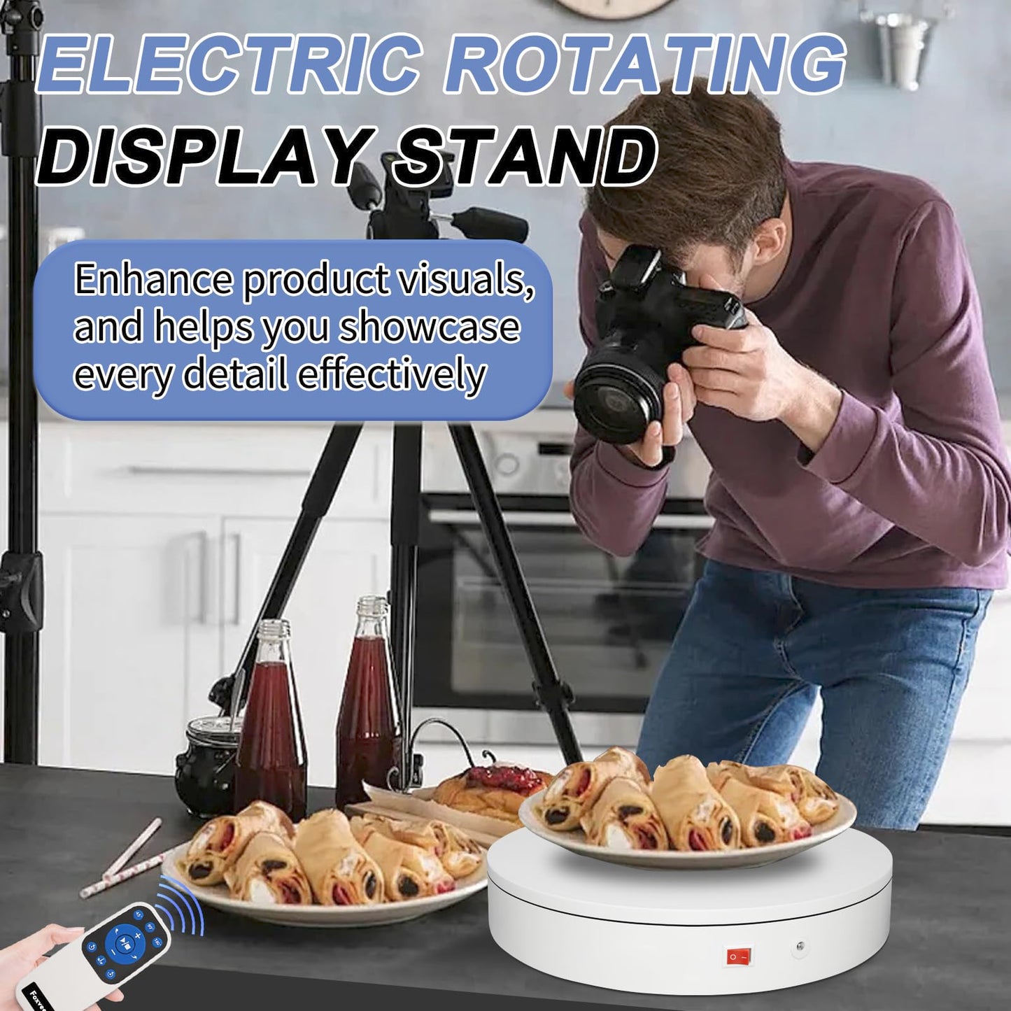 Foxvee Remote-Controlled Motorized Electric Turntable,Rotating Display Stand,Speed-Adjustable Rotating Turntable,Multi-Mode 360° Photography Turntable for 3D Scan,Photography,Showcase(7.87inch/White)