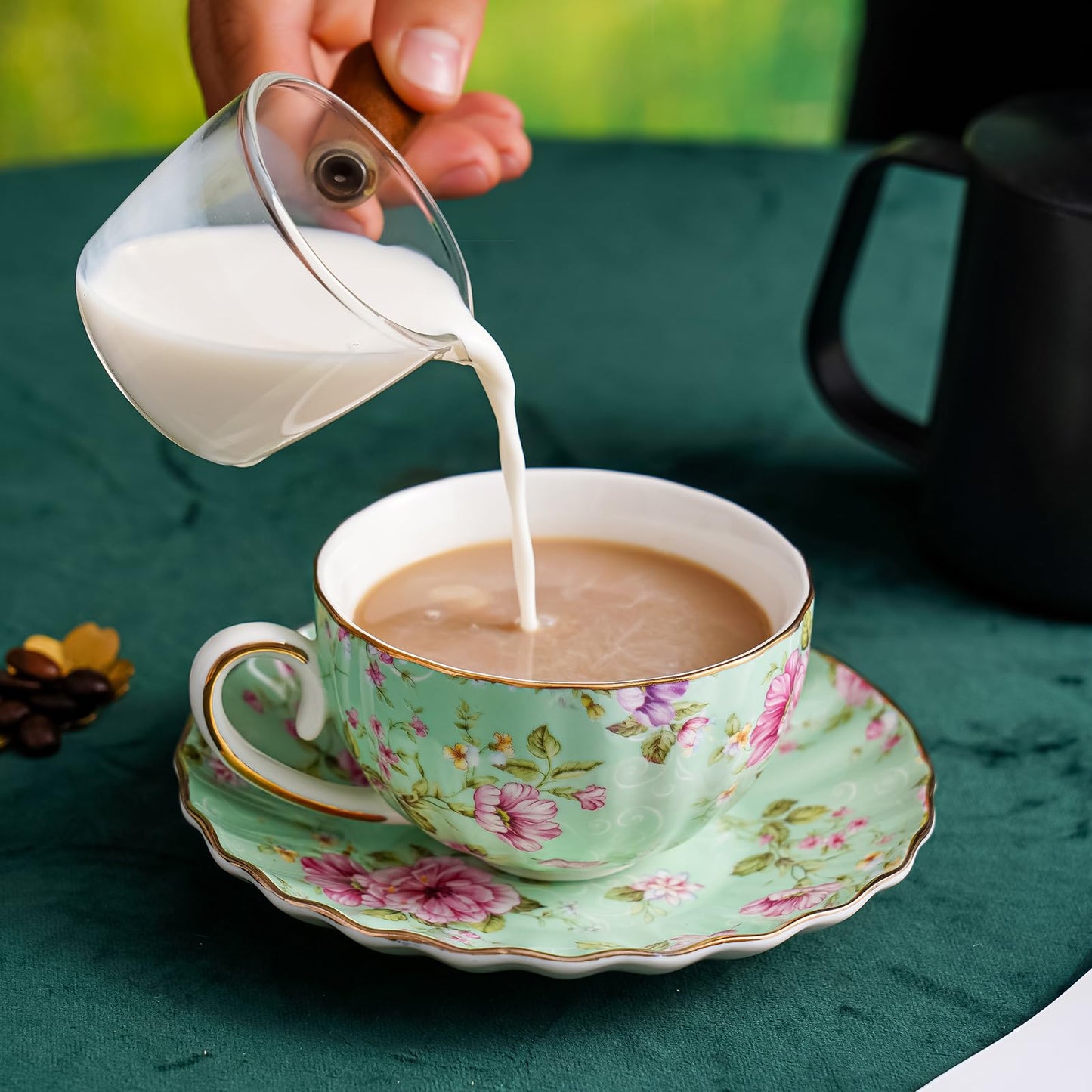 Agyiuns Tea Cup and Saucers, 6.4oz Floral Tea Cups with Gold Trim, Porcelain Teacup, Coffee Cappuccino Espresso Latte Mugs for Party Birthday,Party Cafe Home, Christmas Gift (Green)