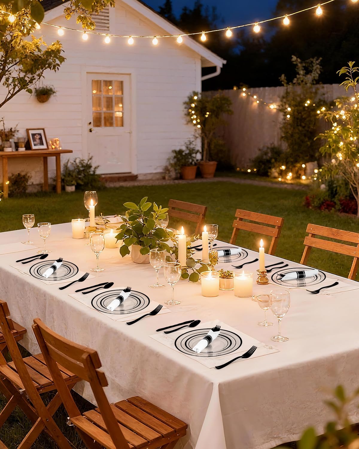 Goodluck 175 Pcs Black Plastic Plates, Clear Plastic Silverware Disposable Plates Set, Include 50 Plates, 25 Pack Pre Rolled Napkins with Silverware, 25 Cups for Party, Wedding, Graduation