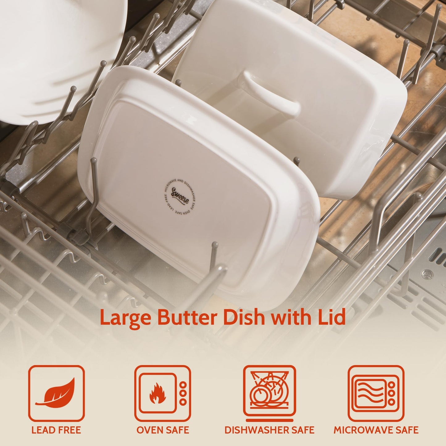 Sweese Large Butter Dish with Lid for Countertop, Porcelain 8oz Butter Keeper with Handle Cover Design, 7.7 Inch Butter Container Perfect for East/West Coast Butter, White