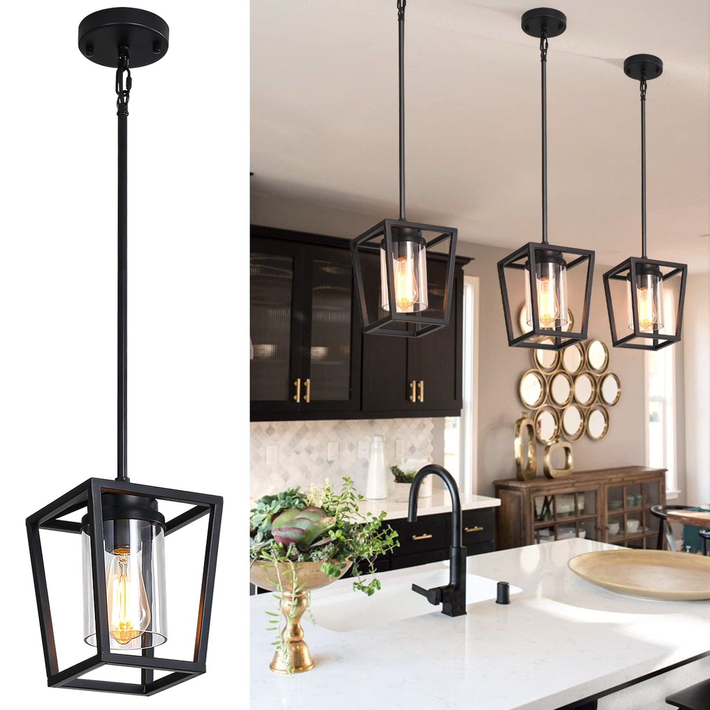 SGLfarmty 1-Light Black Pendant Lights Kitchen Island, Modern Farmhouse Cage Metal Adjustable Lantern Hanging Light Fixture with Glass Shade for Over Sink Dining Room Entryway Hallway