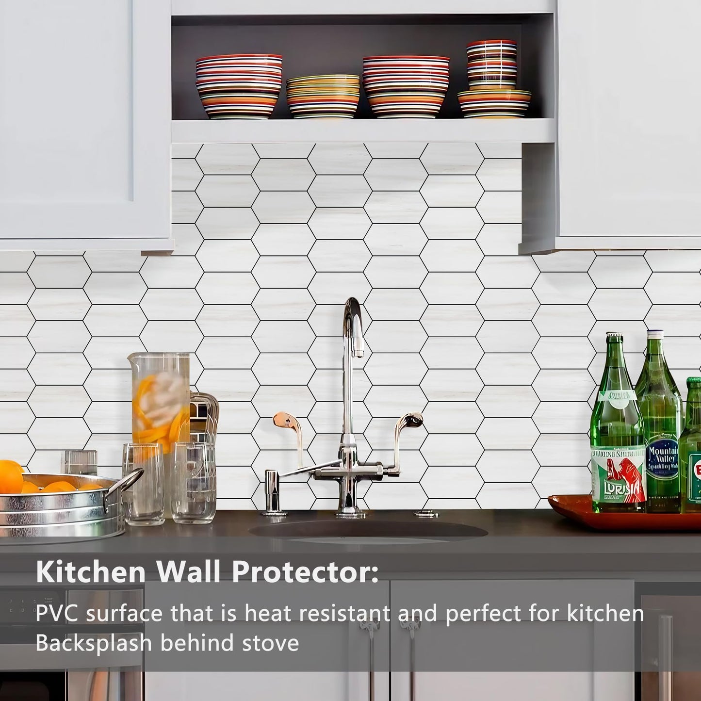 Vamos Tile Long Hexagon Peel and Stick Backsplash Tile - 10 Sheets Stick on Backsplash for Kitchen and Bathroom 12.4 x 12 Inch Dolomite Marble Look PVC Self Adhesive Mosaic Wall Tiles