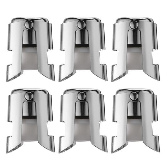 OUWO Champagne Stopper 6 Pack Stainless Steel Champagne Save with Food Grade Silicone, Leak-Proof Bubble Retaining Saver, Suitable for Champagne Prosecco Cava and Sparkling (Silver)