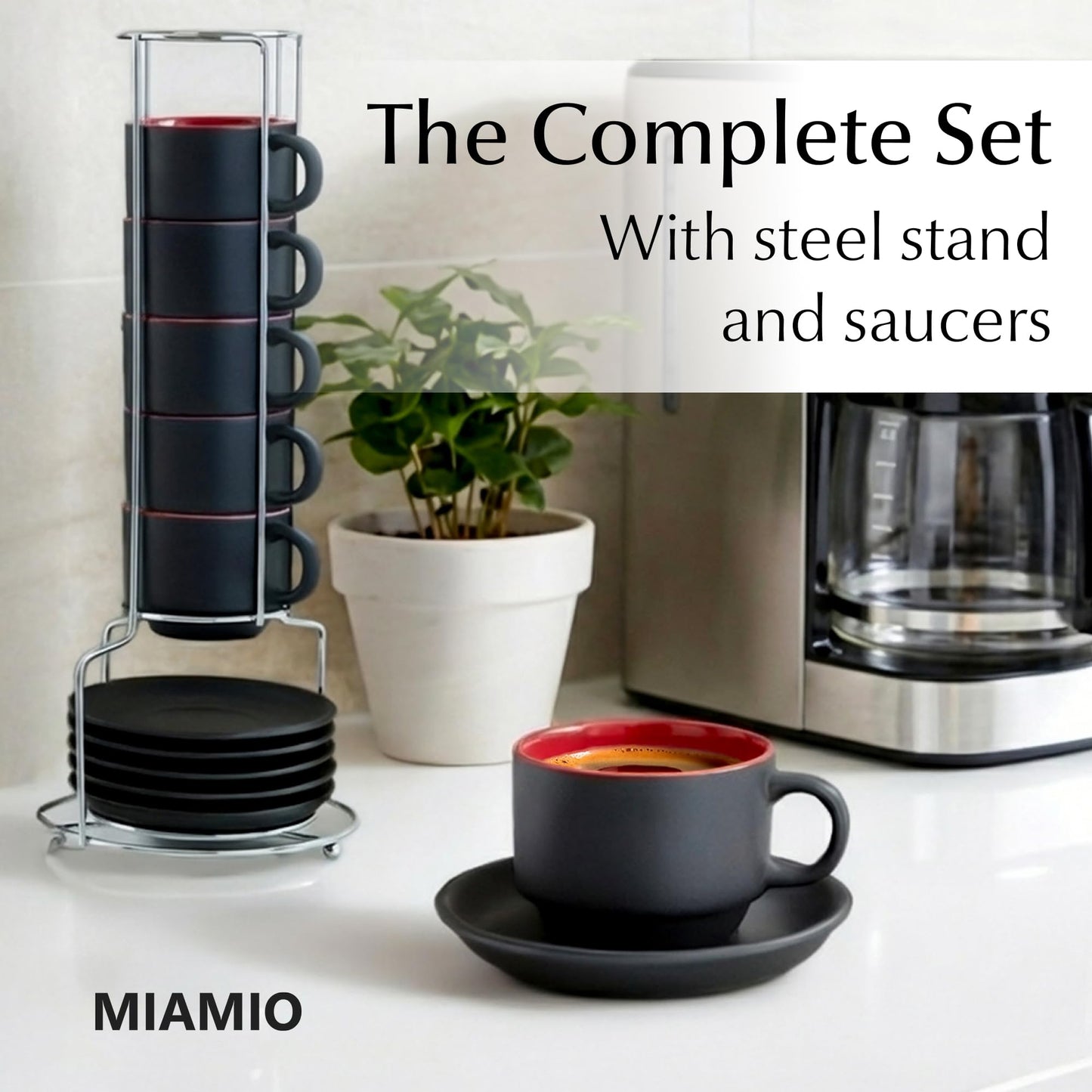 MIAMIO - 2.5 oz Espresso Cup Set with Saucers Coffee Mug Set of 6 - Ceramic Coffee Mug Stackable Espresso Mug with Stand for Coffee Drinks, Latte, Cafe Mocha - Le Papillon Collection (Red)