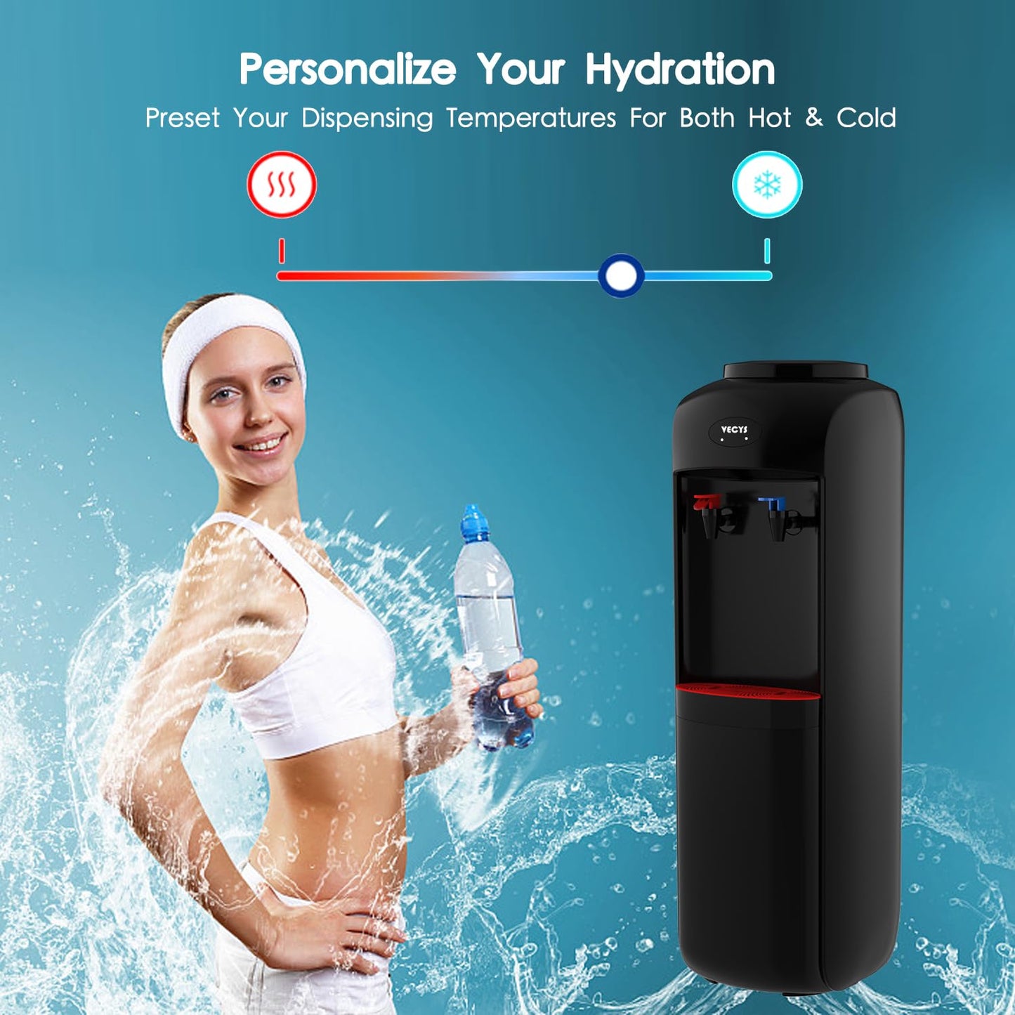 VECYS Hot and Cold Water Cooler Dispenser 3 or 5 Gallon with Child Safety Lock, Built-in Refrigerating Compressor and 304 Stainless Steel Reservior