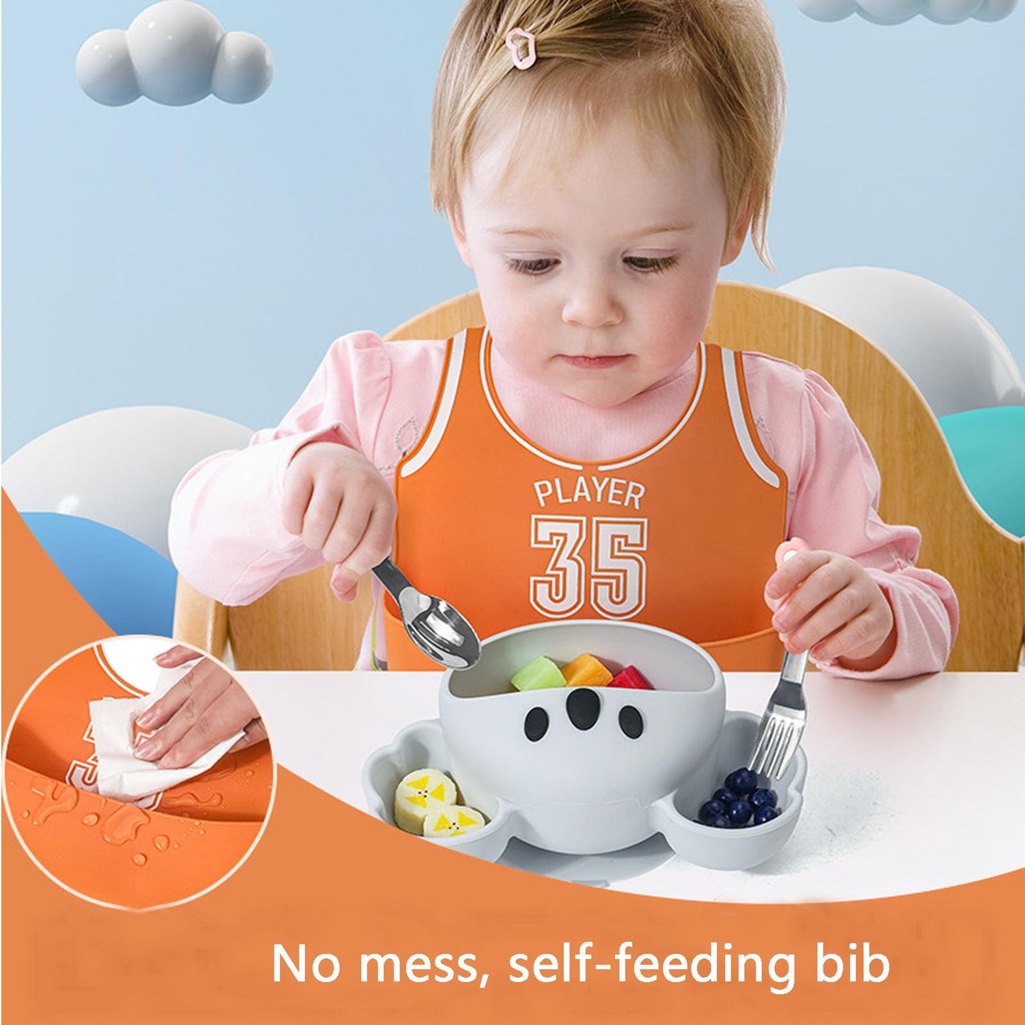 Premium Safe Silicone Baby Daily Care Set, Early Education Sensory Toy with Waterproof Feeding Bib & Multi-Functional Infant Complementary Food Spoons