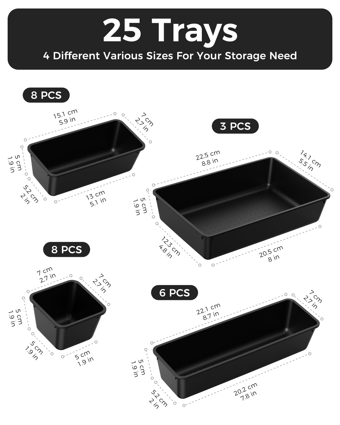 BiuLeon 25 PCS Plastic Drawer Organizers Set, 4-Sizes Vanity and Makeup Organizer, Desk and bathroom Drawer Organizer Trays, Organizers and Storage for Makeup, Jewelry, Gadgets, Utensils (Black)