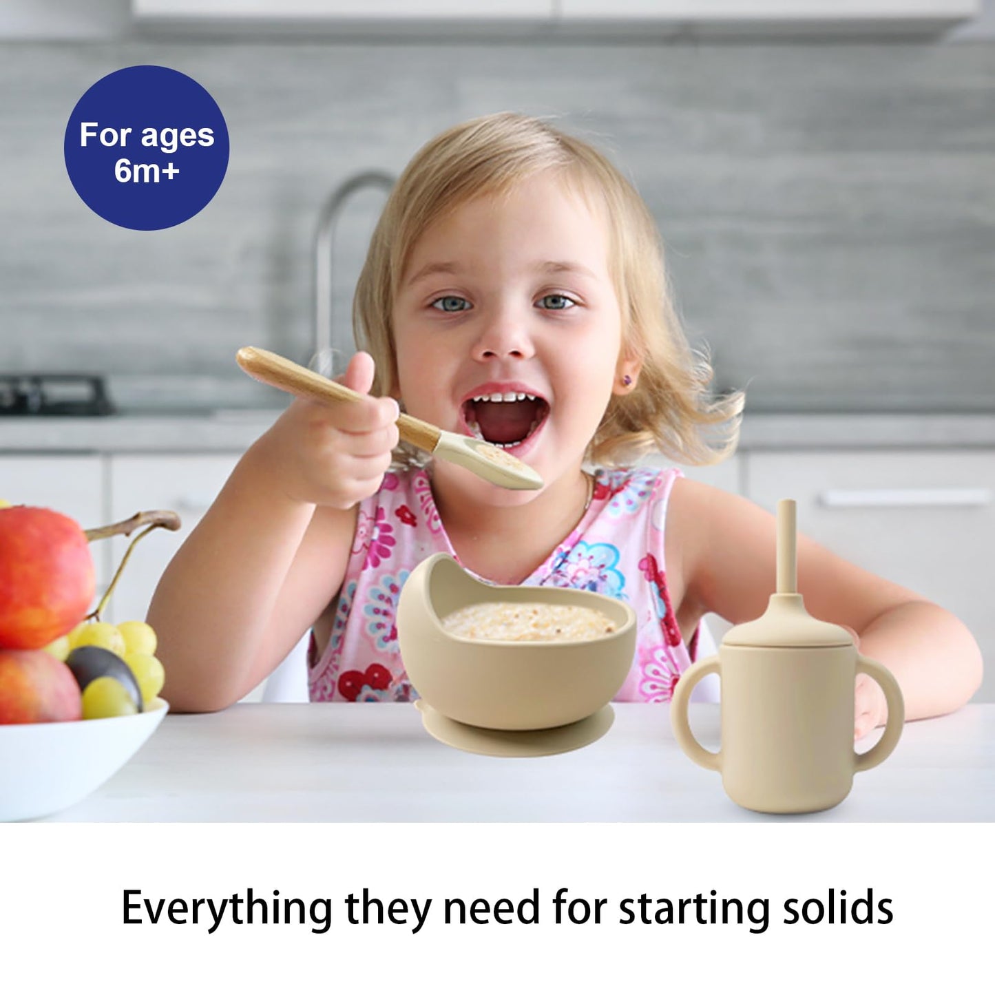 LITTLE RAWR Silicone Baby Feeding Set 14 Pcs,Baby Led Weaning Supplies, Baby Spoons Suction Bowl Divided Plate Bib Cup Finger Brush,First Stage Solid Food Eating Utensils - 6+ Months(Beige)