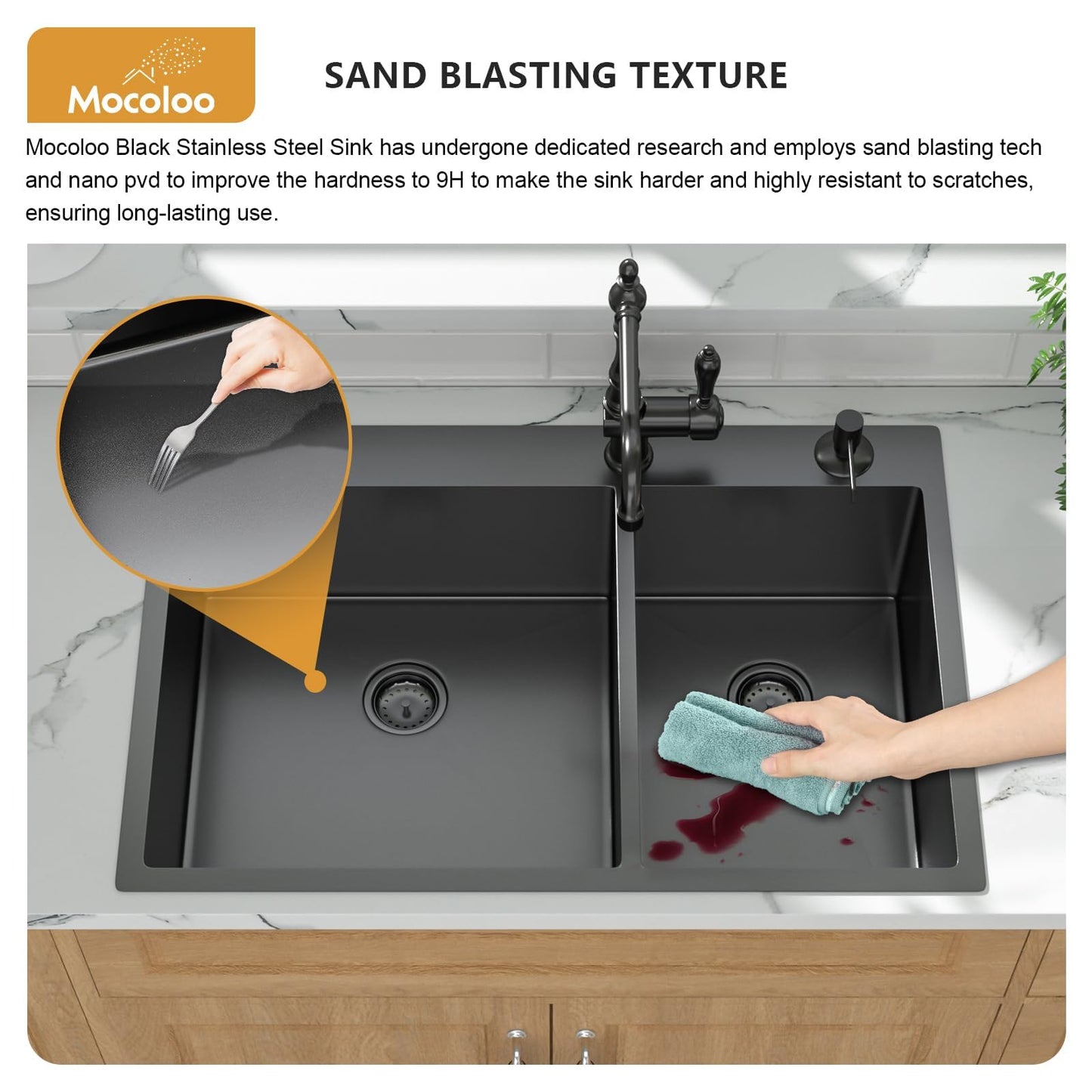 Mocoloo 33 Black Drop In Kitchen Sink 33x22 Inch Gunmetal Black Stainless Sink Double Bowl 60/40 Topmount 16 Gauge Kitchen Sink Handmade Basin