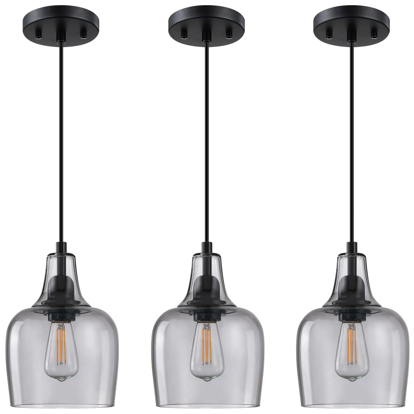 Dolaimy House Hanging Indoor Pendant Ceiling Light Modern Farmhouse Kitchen Island 6.1" Clear Grey Glass Fixture for Dinning Over Sink Bedside(3 Pack Black)