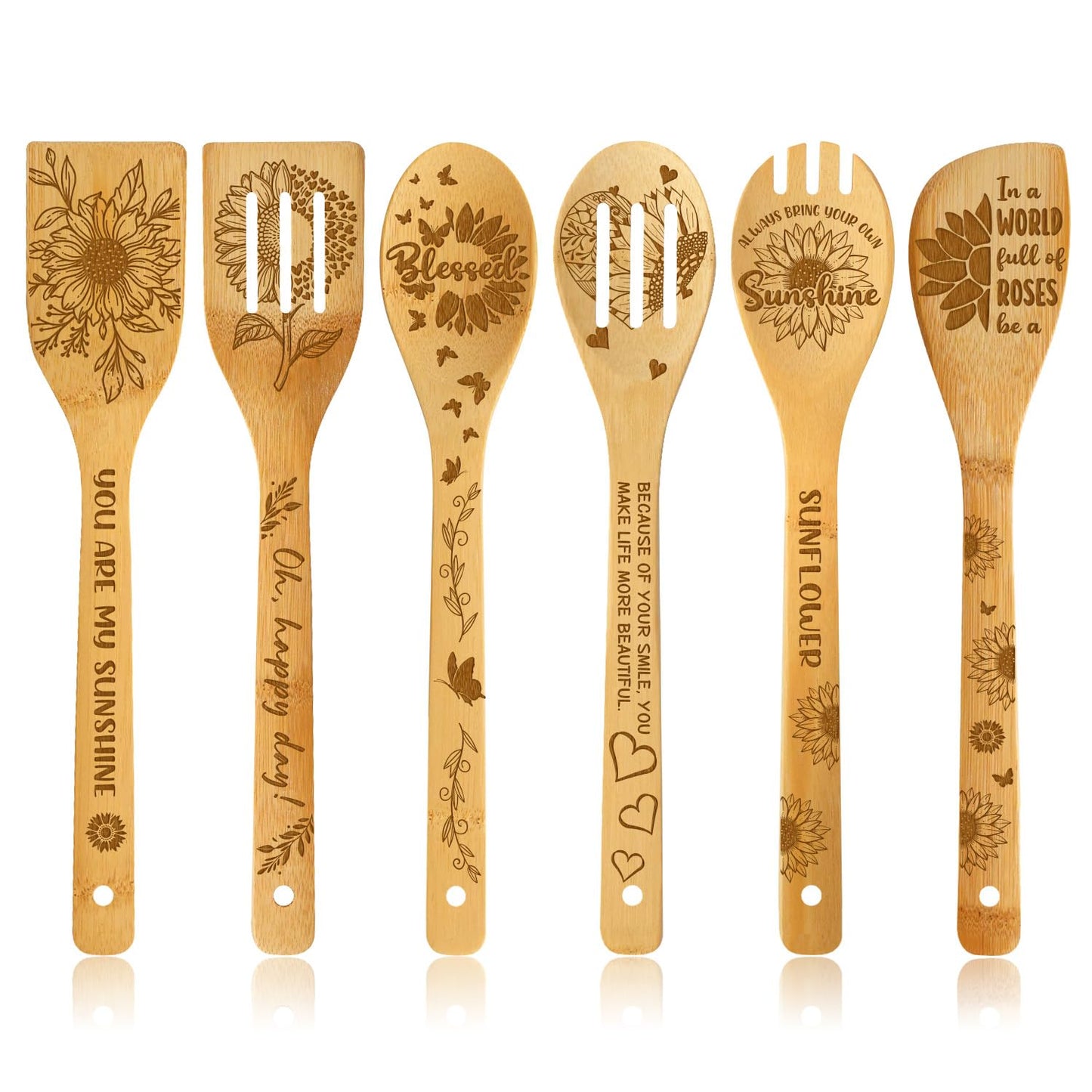 6Pcs Sunflower Engraved Bamboo Spoons Set Kitchen Gifts for Women, You Are My Sunshine Christian Inspired Encouragement Gifts for Mon Grandma, Housewarming & Special Occasion Present
