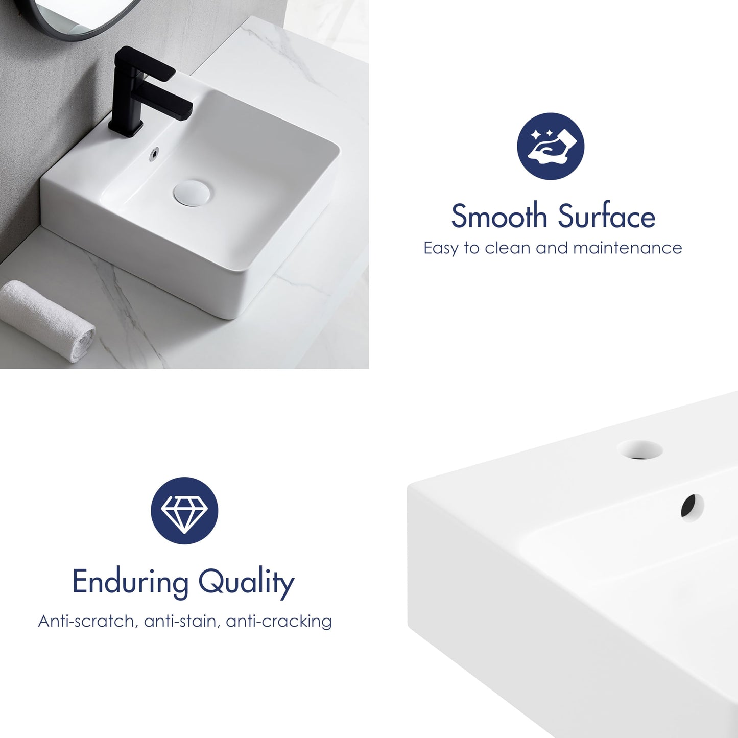 24" x 16.5" Bathroom Sink Vessel Rectangle, Eridanus Hang Wall Mount Sinks Countertop Vanity Floating Trough Washbasin, Ceramic Porcelain Modern White Art Basin Bowl with Overflow