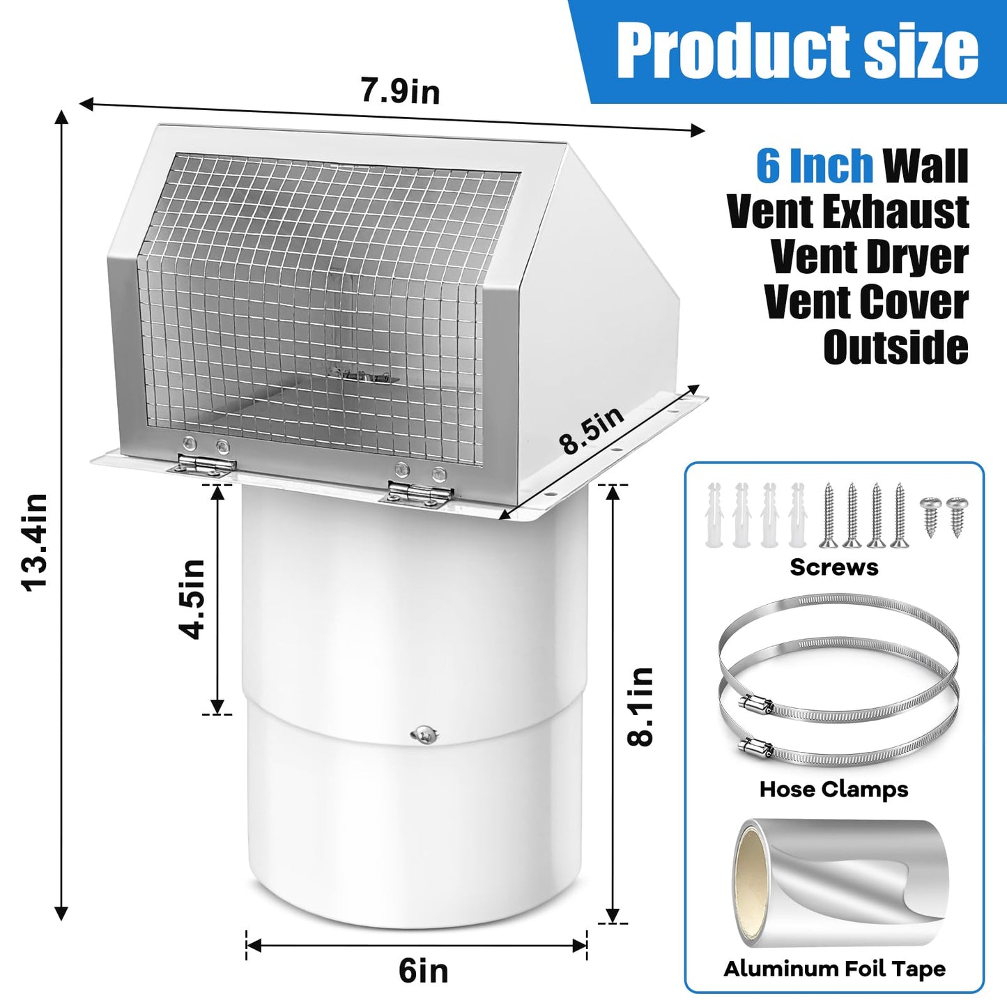 6 Inch Microwave Vent Cover Outdoor Hooded Wall Vent Range Hood Wall Exhaust Vent Cover for Kitchen, Garage, Fits 6’’ Round Duct