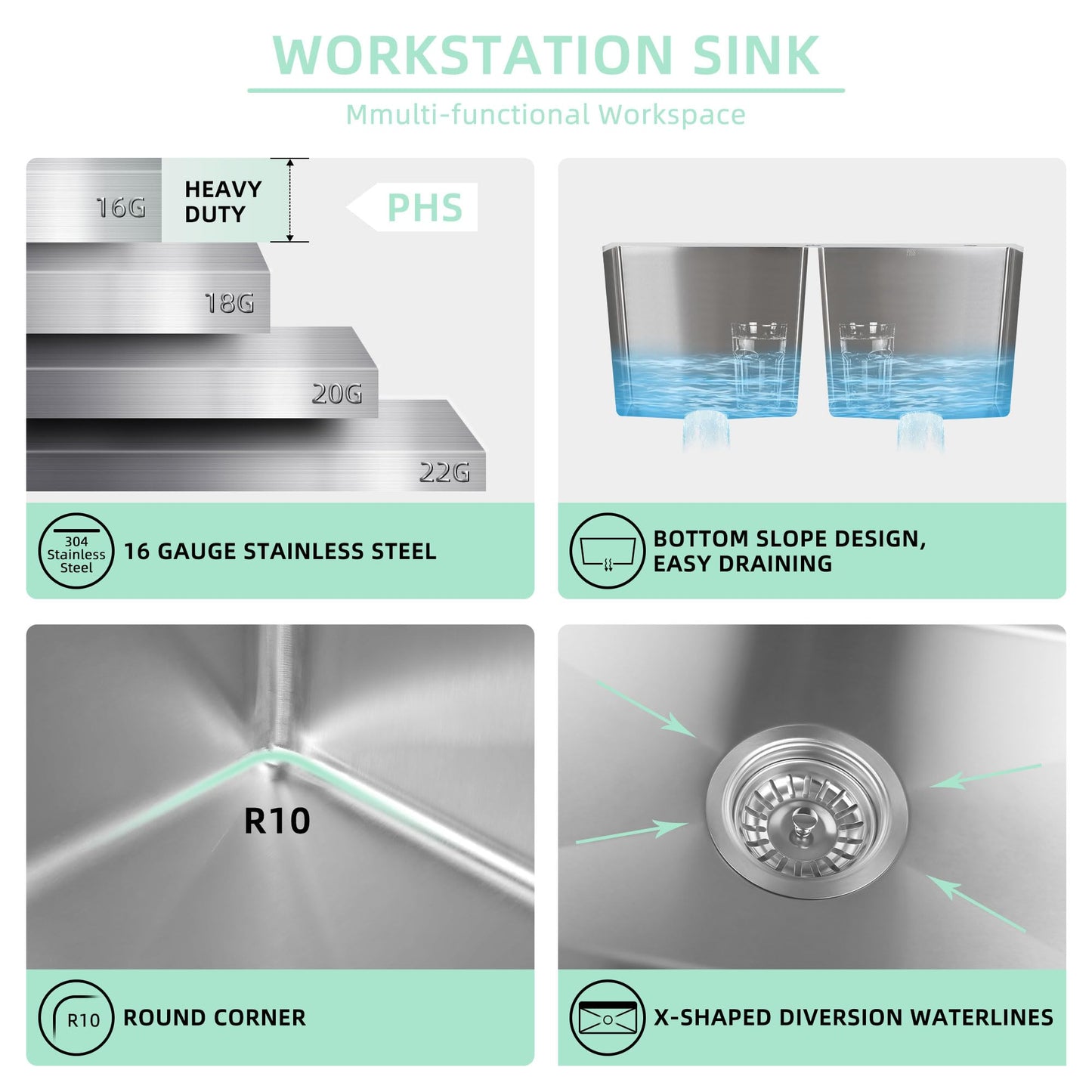 PHS 33 Inch Drop In Double Bowl Kitchen Sink 50/50-16 Gauge Stainless Steel Overmount Kitchen Sink 33x22 with Accessories, 9 Inch Deep Sinks with Brushed Finish
