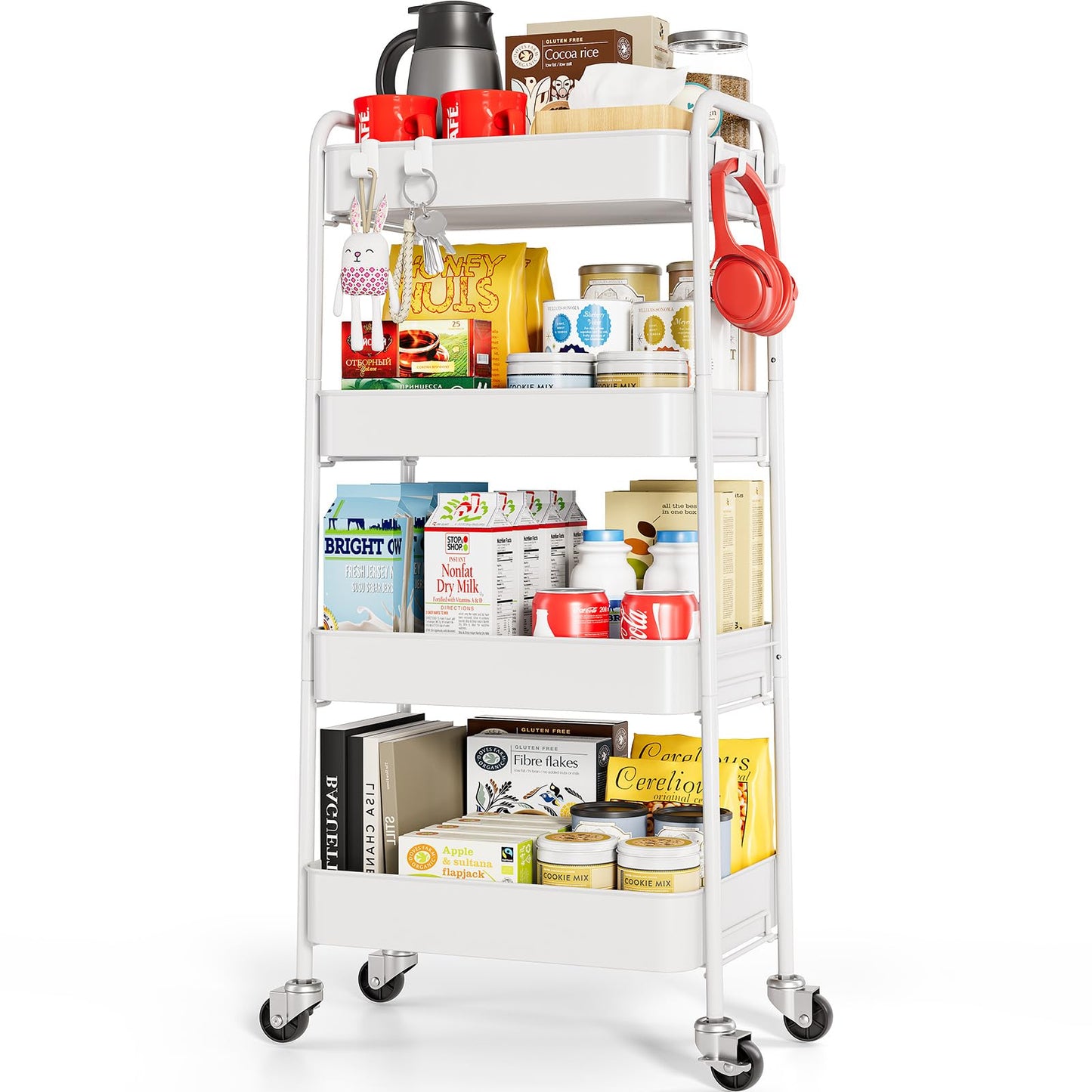 TOOLF 4-Tier Rolling Cart - Metal Storage Organizer with Lockable Wheels, 44 lbs Per Shelf Capacity, Tool-Free Assembly, for Kitchen Bathroom Office Laundry Room Nursery, White