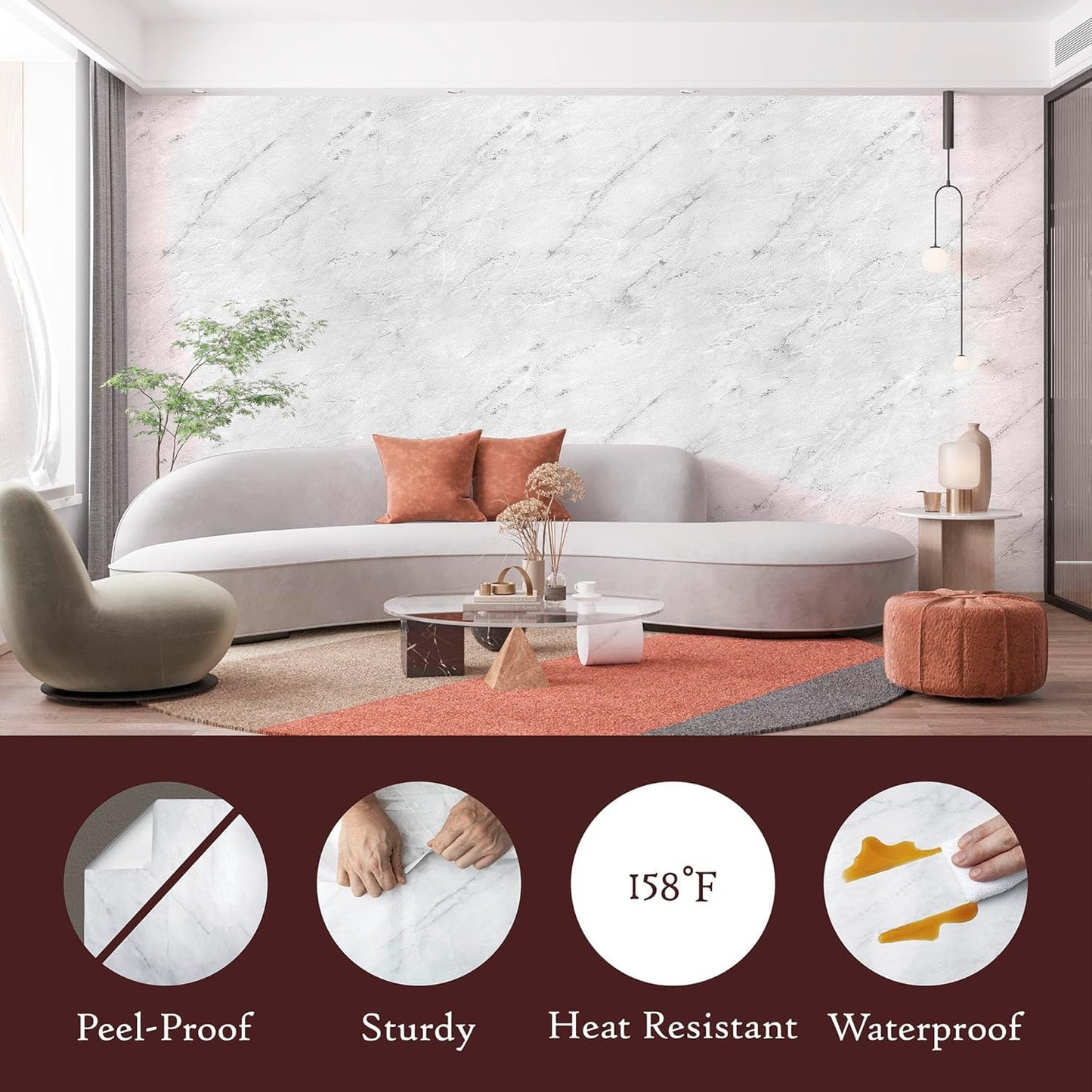 Very Berry Sticker Marble Contact Paper (White Matte, 24" x 118", 2 Pack) Premium Peel and Stick Wallpaper for Countertop, Bathroom Vanities & Cabinets, Renter Friendly, Waterproof Vinyl
