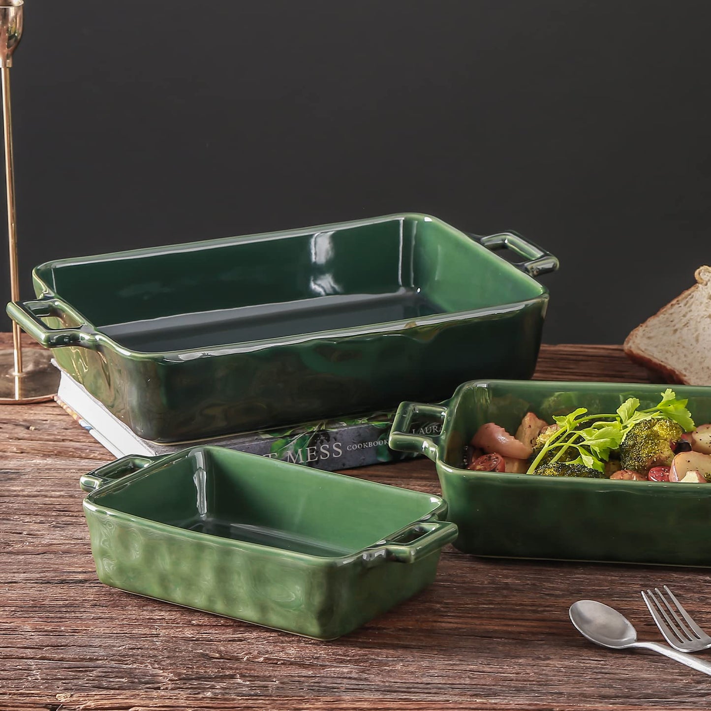 VICRAYS Ceramic Bakeware Set, Porcelain Rectangular Baking Dish, Baking Pan Lasagna Pans Casserole Dish Set for Cooking, Kitchen, Cake Dinner, Banquet and Daily Use, 3 PCS, 15 x 8.5 Inches(Green)
