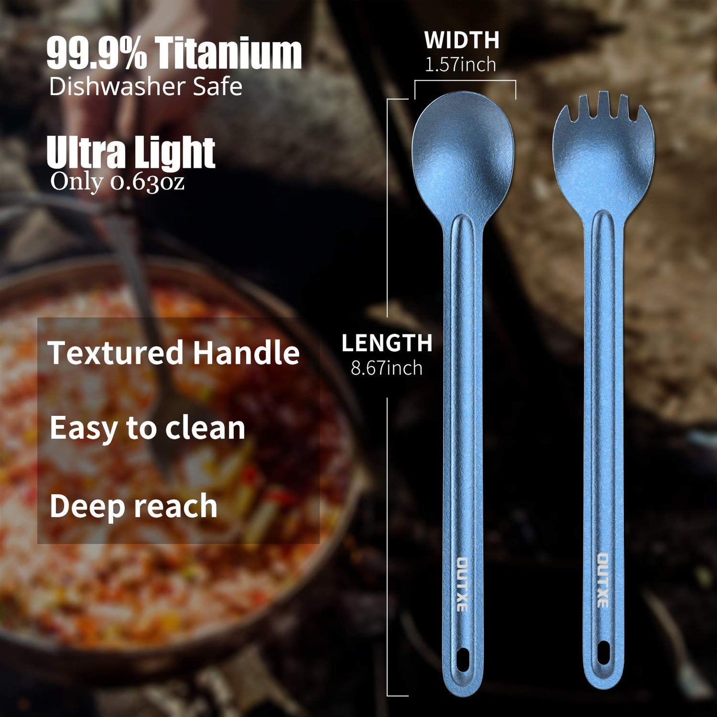 OUTXE Titanium Camping Utensil, Ultra Lightweight Long Handle Spoon Spork for Backpacking, Hiking, Outdoors Ice-Crystal Blue