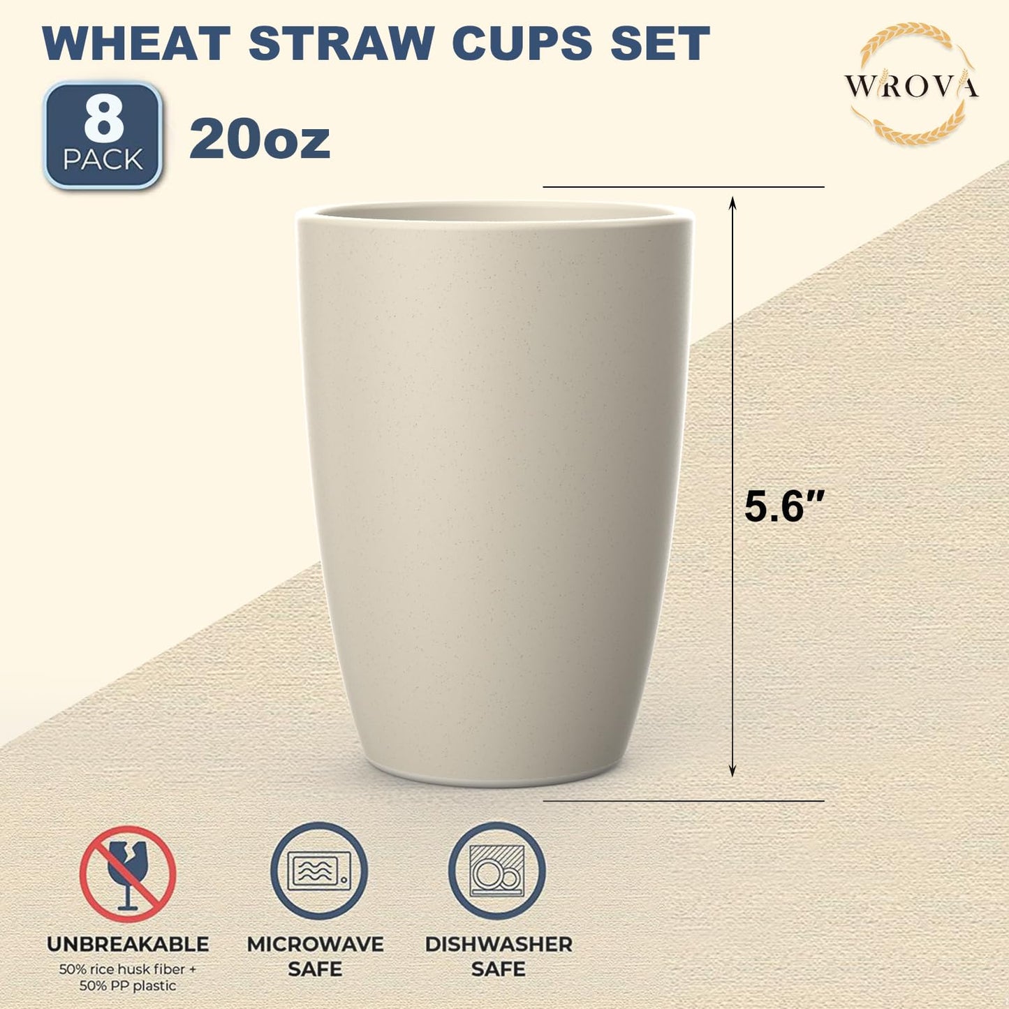 Wrova Wheat Straw Cups 8 PCS Good Alternative to Plastic Reusable Cups 20 oz Unbreakable Drinking Cup Reusable Dishwasher Safe Water Plastic Glasses Beige Series