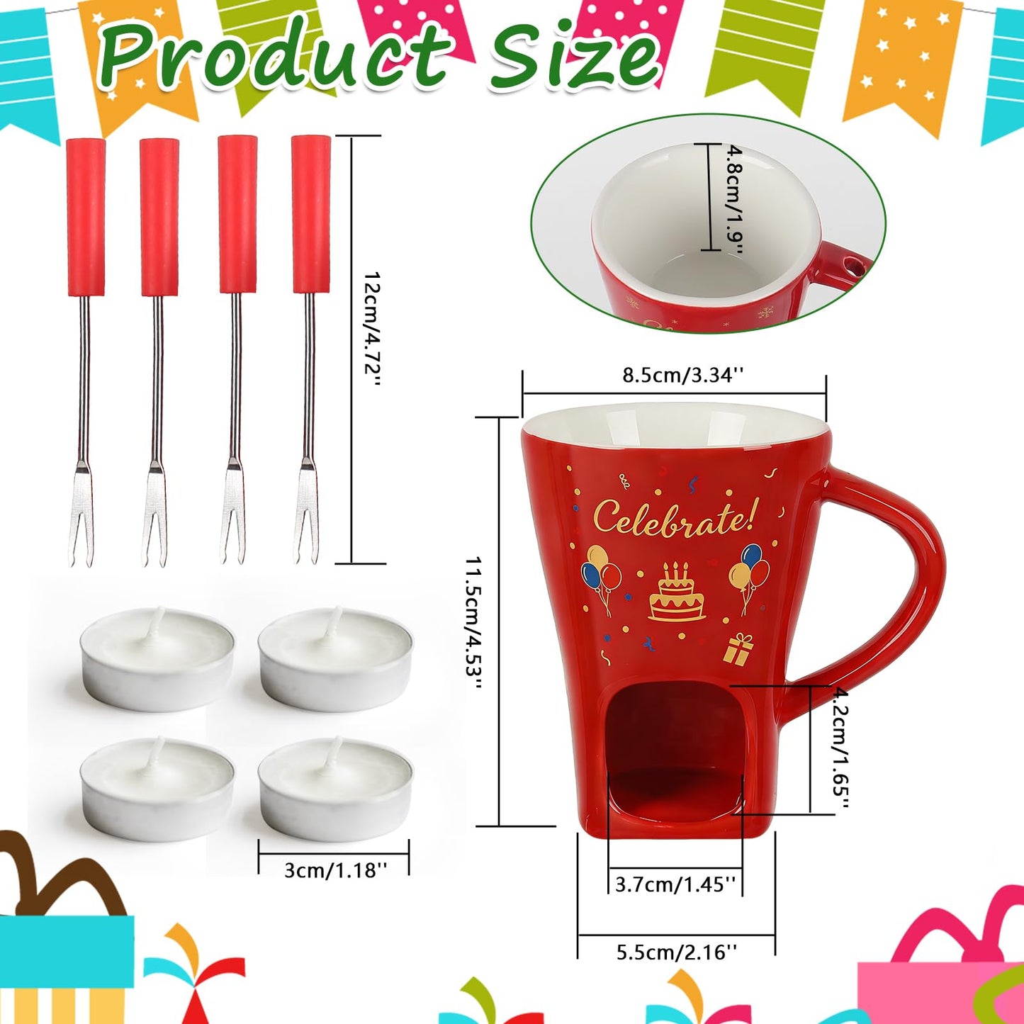 HANEVEAR Chocolate Fondue Mug, Mini Personal Chocolate Melting Mug with 4 Forks and 4 Tealights, Ceramic Fondue Cup for Cheese, Butter - Birthday Gift, Date Night & Wedding Celebrations