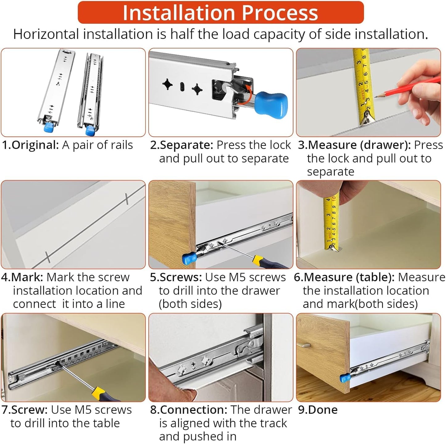 Heavy Duty Drawer Slides with Lock 34 Inch,3-Fold Full Extension Locking Drawer Slides 250 lbs Load Capacity Side Mount Ball Bearing Industrial Locking Rail 1 Pair(W:53mm, 34")