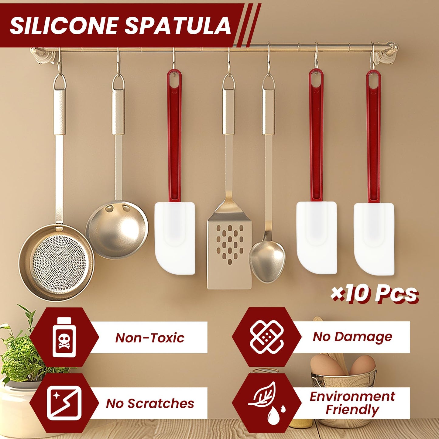 10 Pcs 10 Inch Flexible Rubber Spatulas, Silicone Spatula Set, Commercial Grade Silicone Spatulas Heat Resistant, Non Stick Soft Rubber Scraper for Kitchen Cooking Mixing Frying Spreading Baking