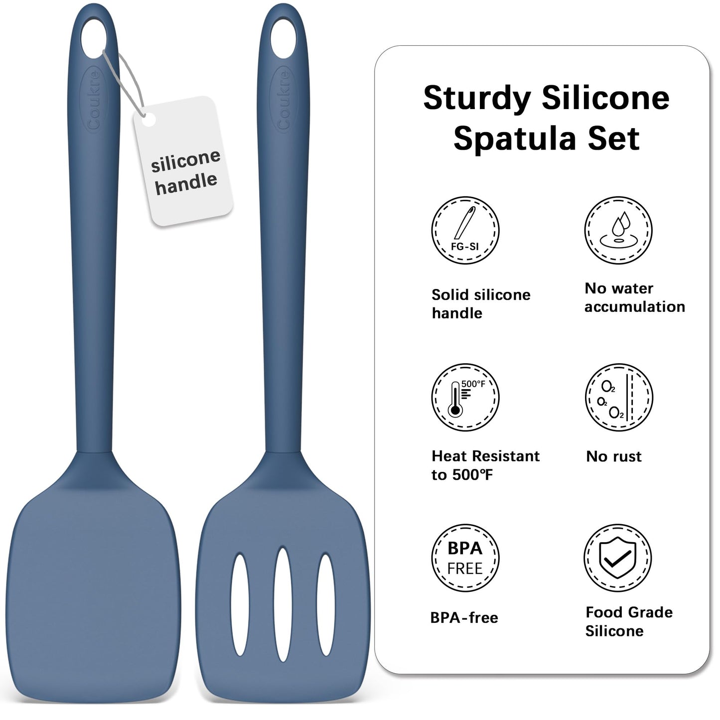 Coukre 2 Pack Silicone Spatula Set, High Heat Resistant, BPA Free Kitchen Spatula, Solid & Slotted Turner for Non-Stick Pans, Sautéing, and Flipping (2, PureDarkBlue)