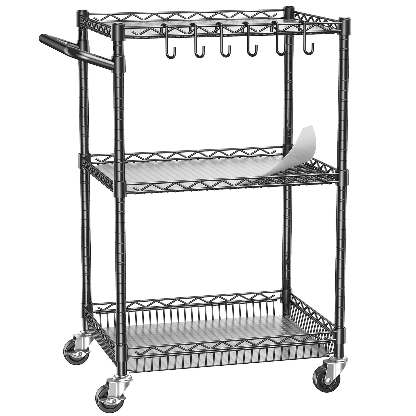 Rolling Utility Metal Carts with Wheels 3 Tier Heavy Duty Storage Cart 750Lbs Capacity Adjustable Kitchen Organizer Cart with Handle & Shelf Liner Commercial Grade Trolley for Indoor & Outdoor Use
