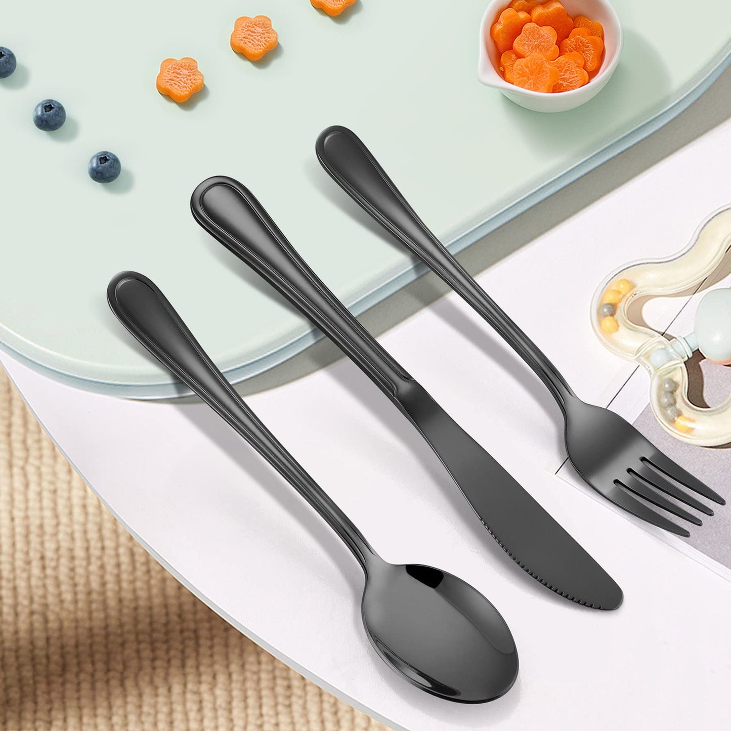 LIANYU 15-Piece Black Kids Silverware Set, Stainless Steel Toddler Utensils Flatware Set, Child Cutlery Tableware Set for 5, Include knife Fork Spoon, Mirror Finished, Dishwasher Safe