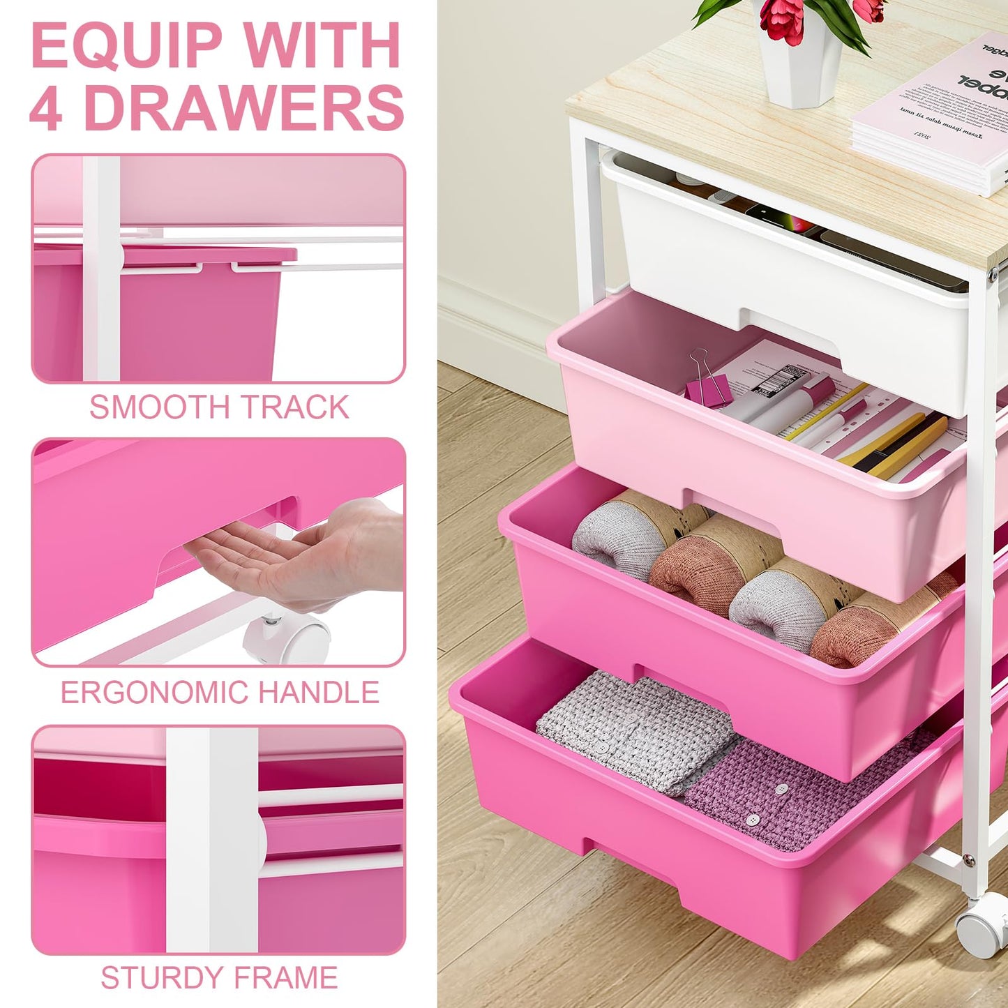 SYKIARIOL Utility-Rolling-Craft-Storage-Cart-Organizer with 4 Drawers and Wooden Tabletop, 4 Tier Drawer Cart for Home Office, Kid Room, Classroom Teacher, Dorm, Pink