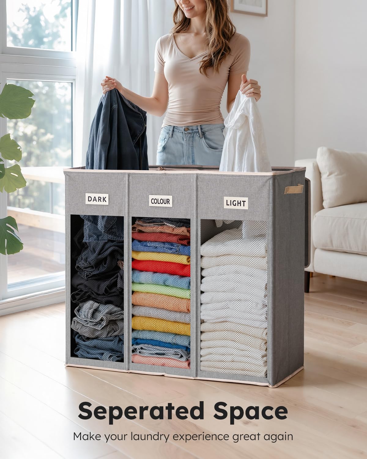 SOLEDI 200L 3-Section Laundry Hamper with Lid, Extra Large Dirty Clothes Basket with Sturdy Handles for Laundry Room & Bedroom - Durable Organizer for Sorting Laundry
