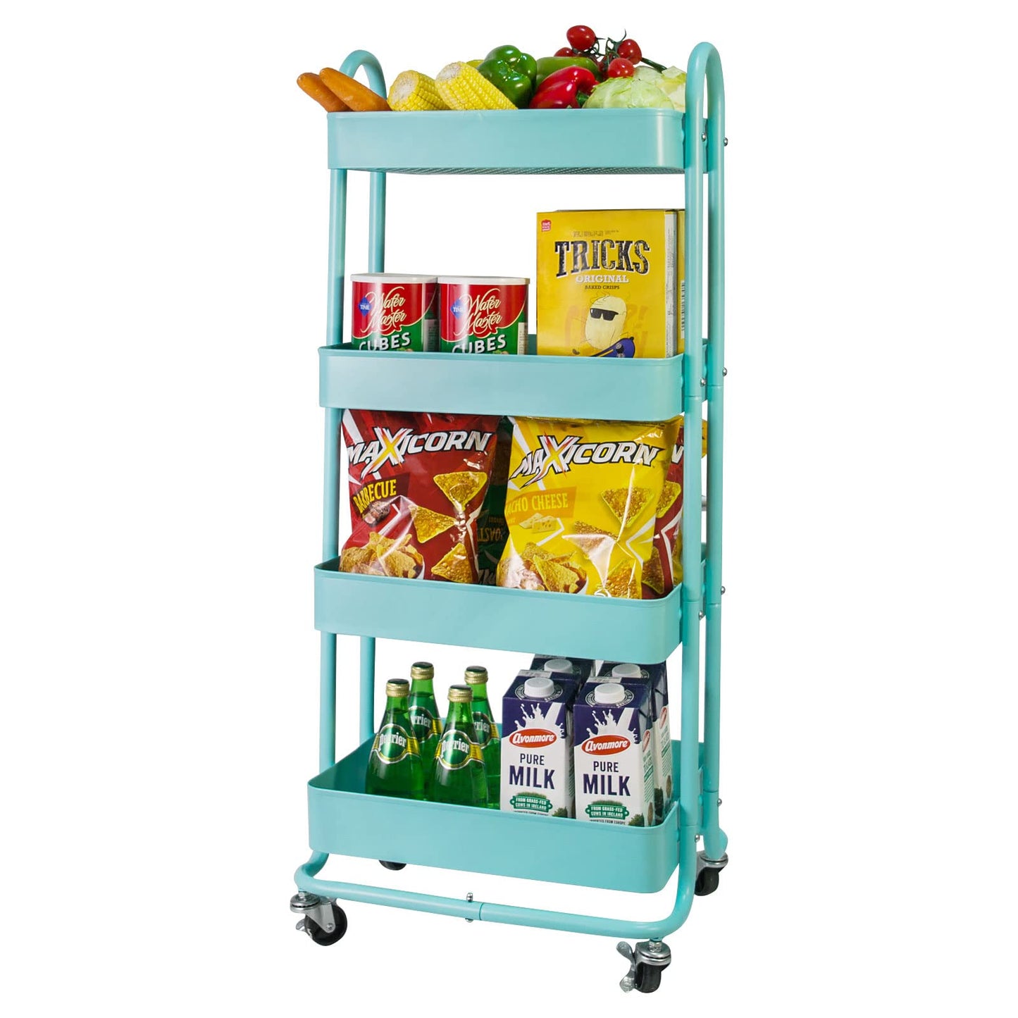elabo 4-Tier Metal Mesh Utility Rolling Cart, Storage Organizer Trolley Services Cart with Lockable Wheels for Kitchen, Bathroom, Living Room (Blue)
