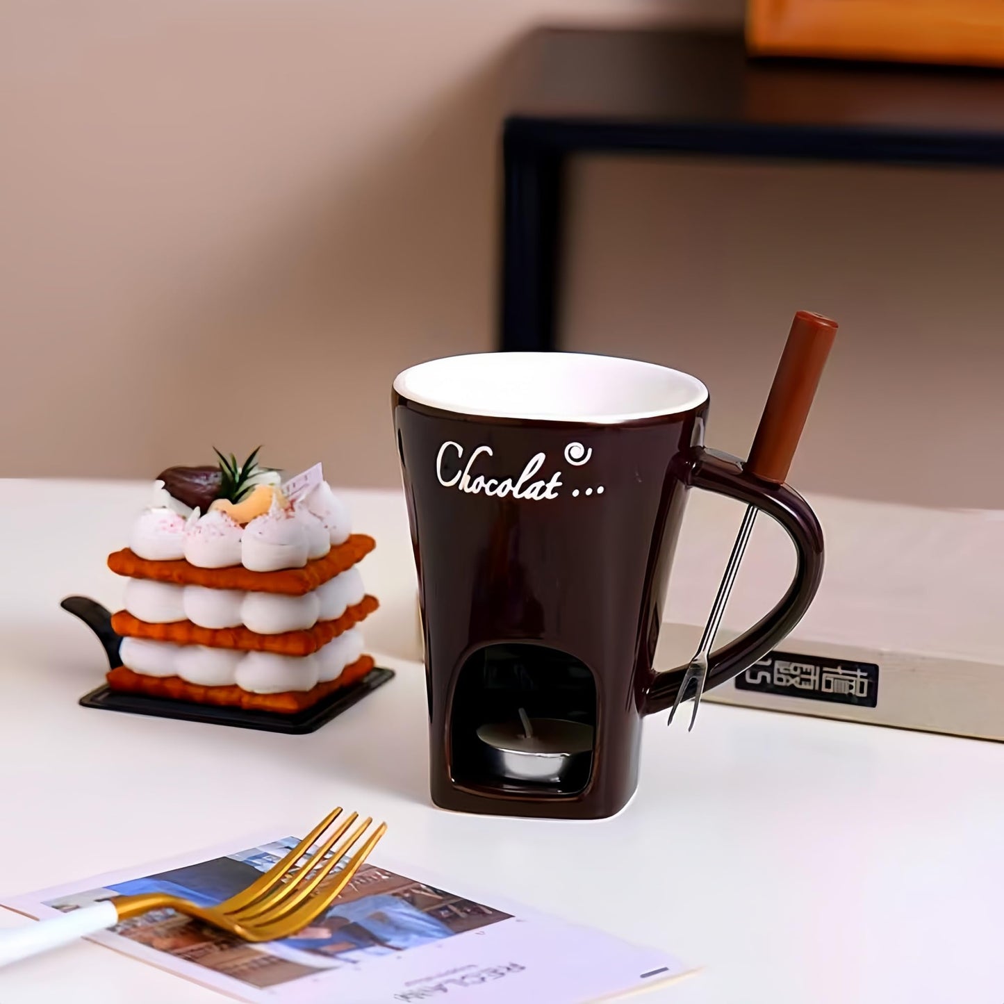 CREHNIL Chocolate Melting Mug Cheese Candy Mini Fondue Pot With Forks (Brown)