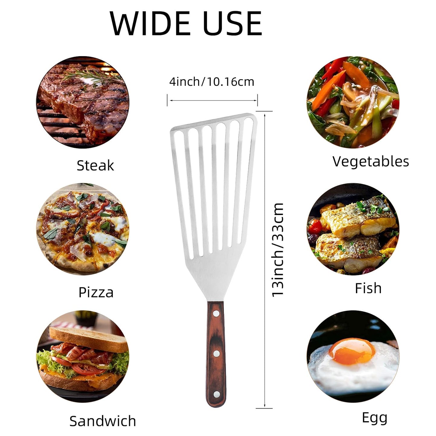 MSY BIGSUNNY Heavy Duty Fish Turner, Stainless Steel Slotted Turner with Pakkawood Handle, 4X13 Inches