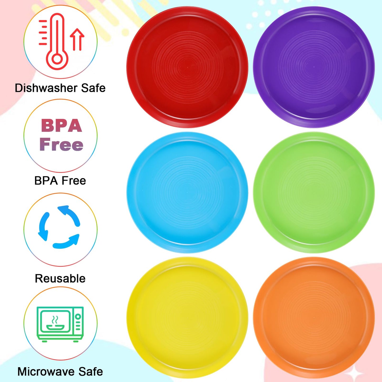Nodaaiie 24 Pack Kids Plastic Plates 7 Inch Unbreakable Toddler Dinner Plates Set Plastic Plates Reusable, Microwave & Dishwasher Safe, 6 Vibrant Colors, Stackable for Home, Travel, Parties